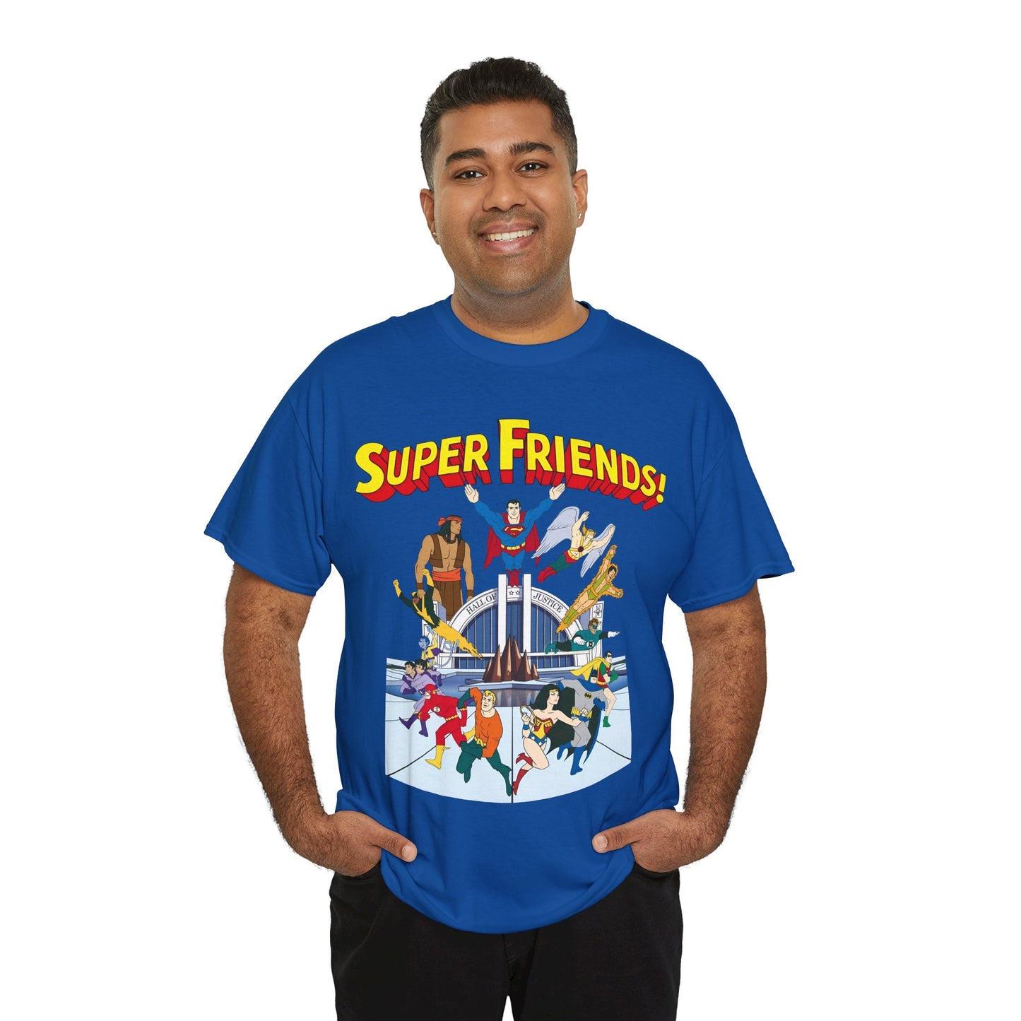 Super Friends T-Shirt - DC Hanna-Barbera - Superman, Wonder Woman, Black Vulcan, Batman, The Wonder Twins, Apache Chief, Hall of Justice