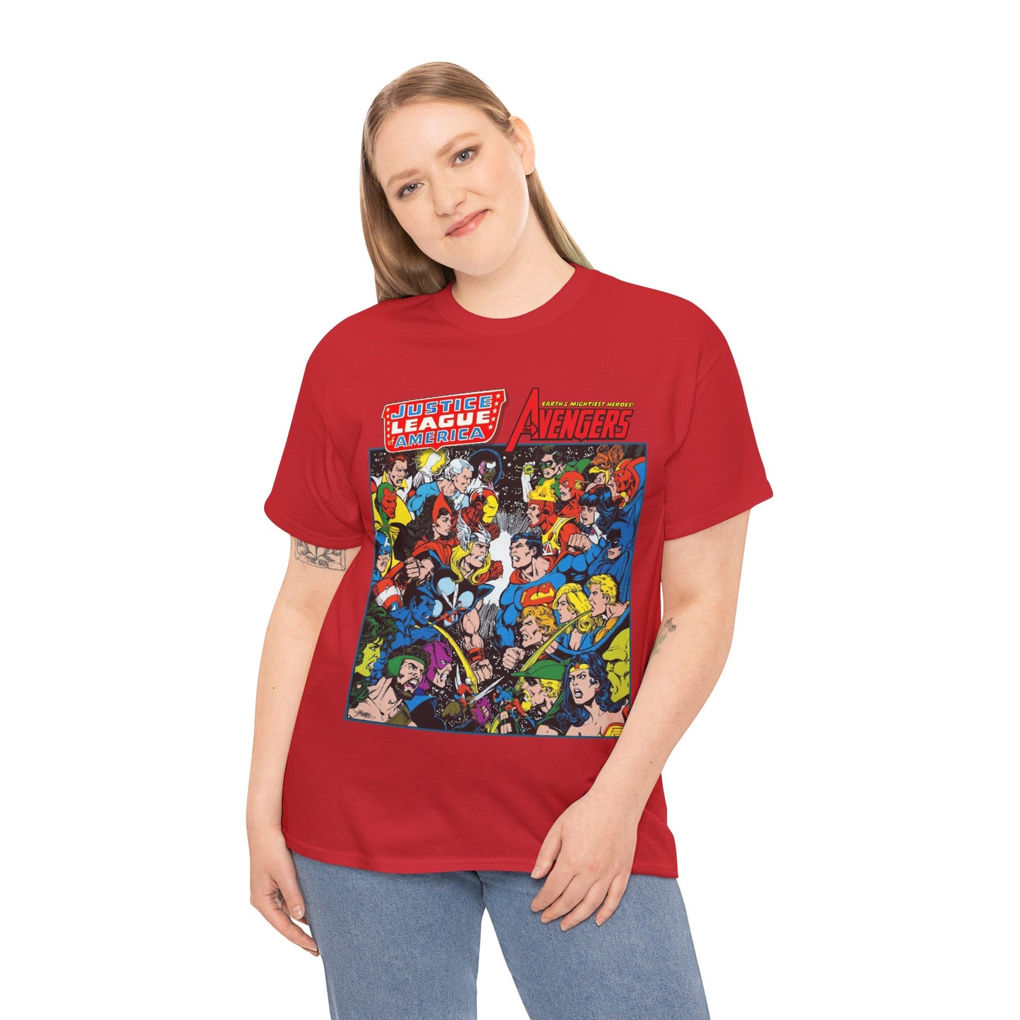 Justice League/Avengers T-Shirt - DC & Marvel Comics Art - George Perez - JLA - Batman, Captain America, Iron Man, Green Lantern