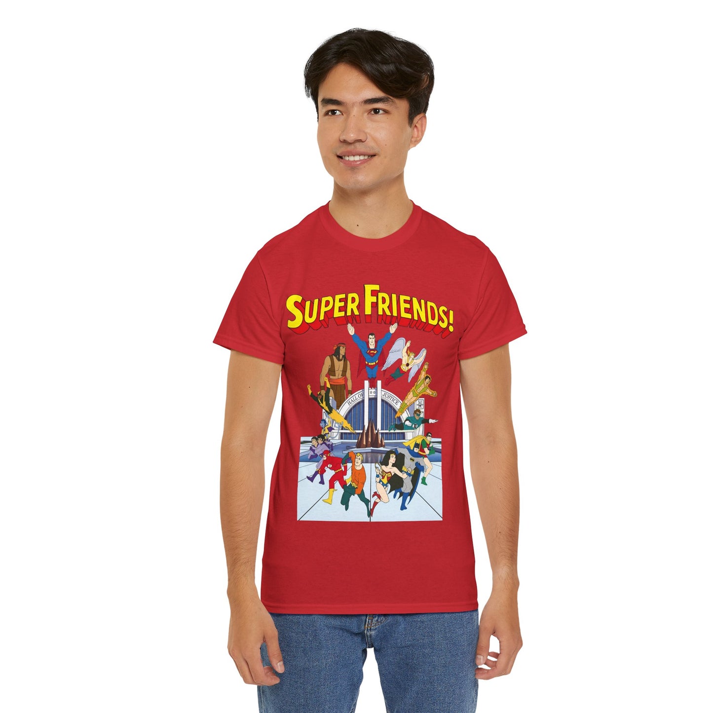 Super Friends T-Shirt - DC Hanna-Barbera - Superman, Wonder Woman, Black Vulcan, Batman, The Wonder Twins, Apache Chief, Hall of Justice