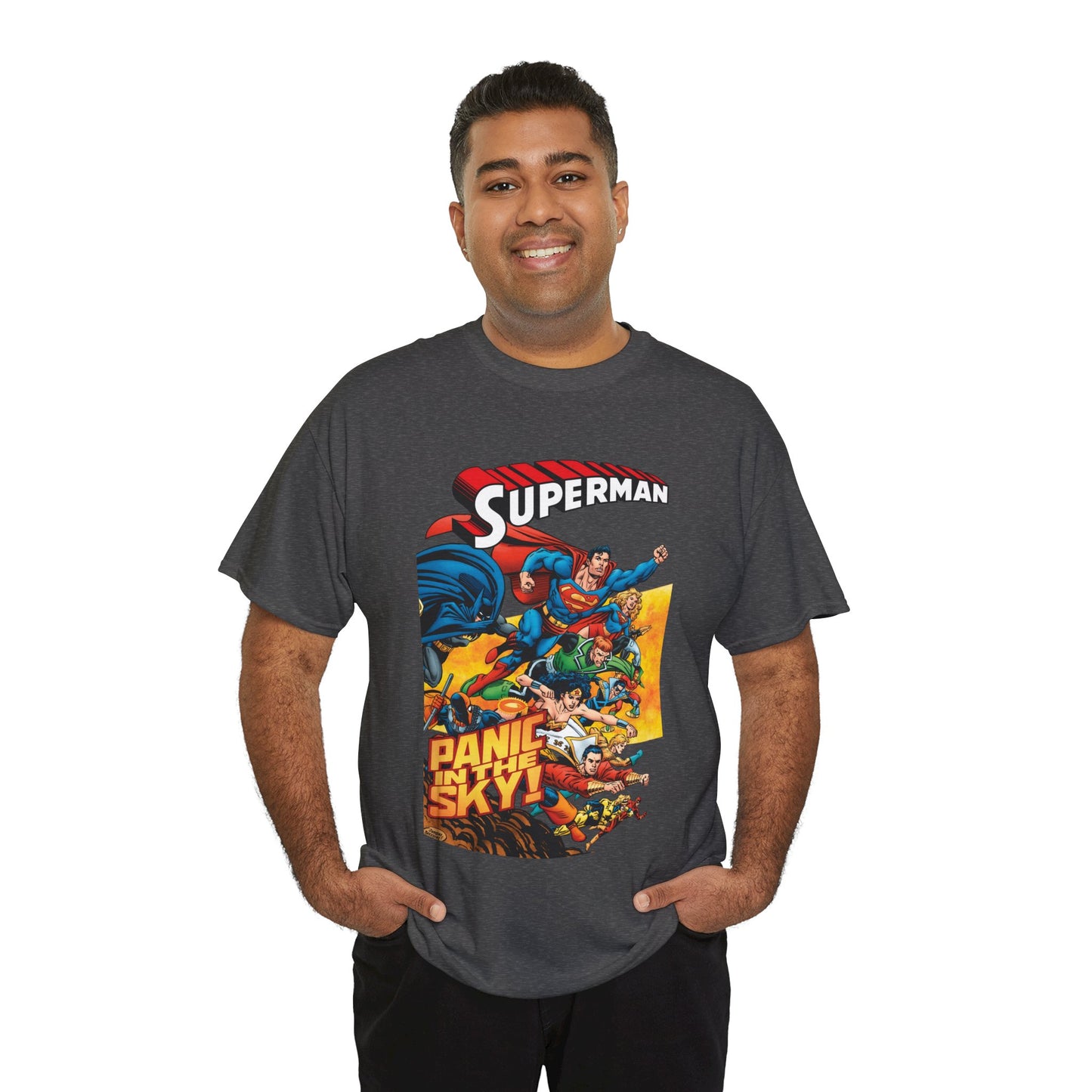 Superman - Panic in the Sky T-Shirt - Dan Jurgens Art - Vs Brainiac & Maxima - Wonder Woman, Booster Gold, Shazam, Batman, Flash, Aquaman, Supergirl - DC Comics
