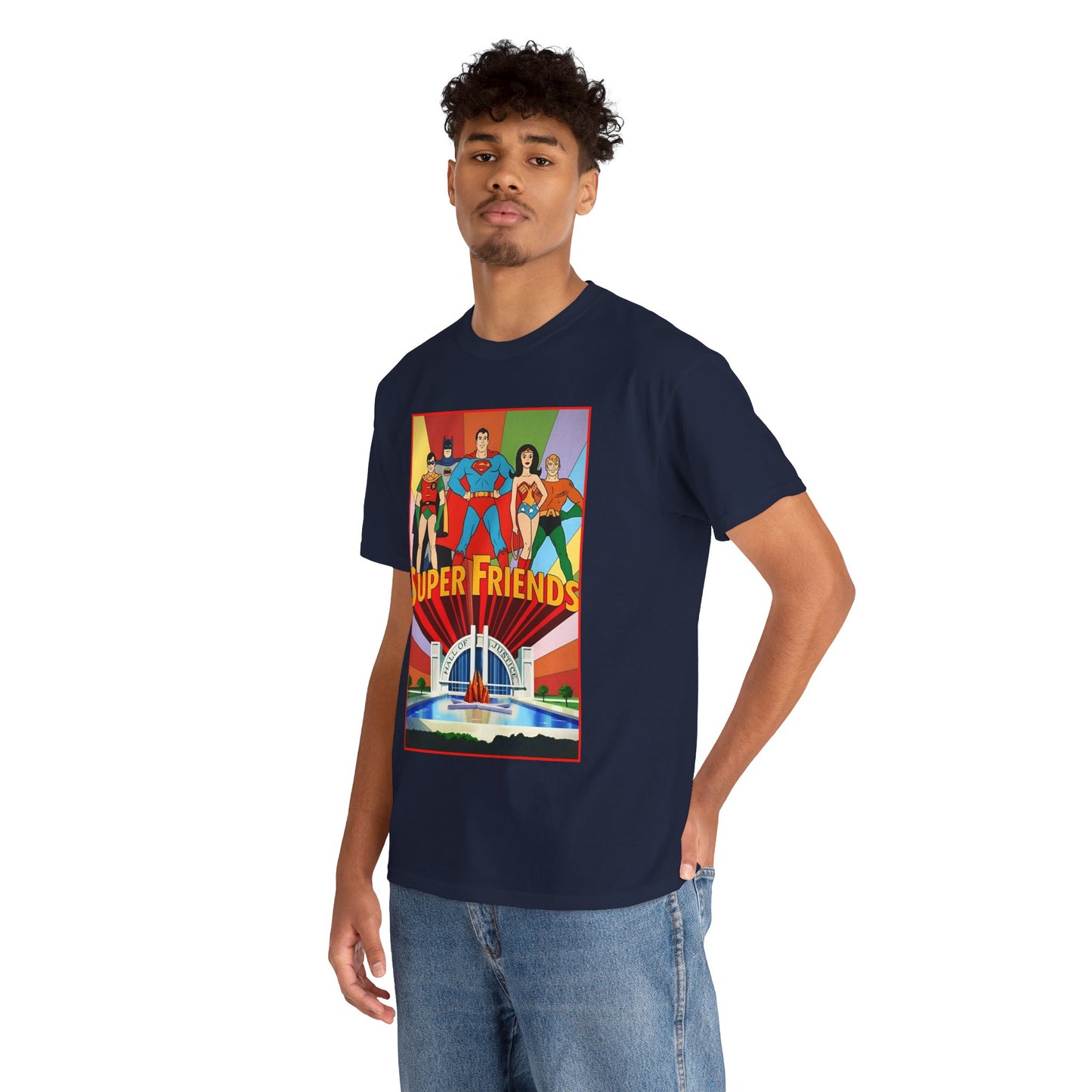 Super Friends T-Shirt - Batman, Superman, Wonder Woman, Robin - Hanna-Barbera Cartoon - DC Comics - Hall of Justice