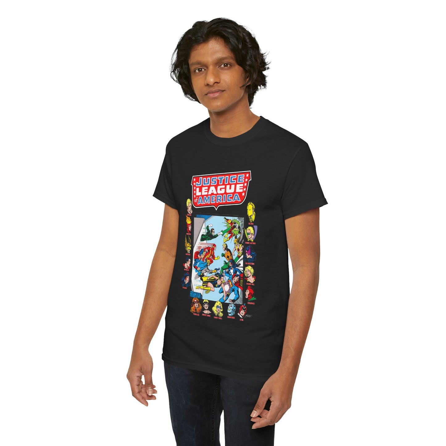JLA & JSA T-Shirt - George Perez Art - All-Star Squadron - Firestorm, Huntress, Starman, Zatanna, Liberty Belle, Superman, Robotman, Firebrand, Dr Fate - DC Comics