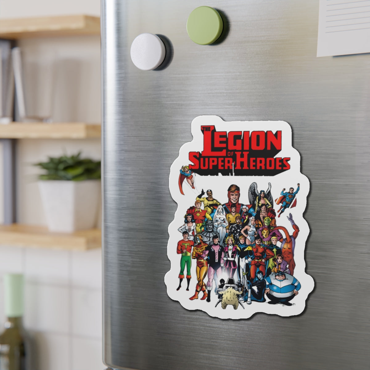 Legion of Super-Heroes Die-Cut Magnet - #300 Cover Art - Lightning Lad, Saturn Girl, Cosmic Boy, Superboy, Supergirl, Wildfire, Dream Girl, Bouncing Boy, Brainiac 5 - DC Comics - 3", 4", 5", 6"