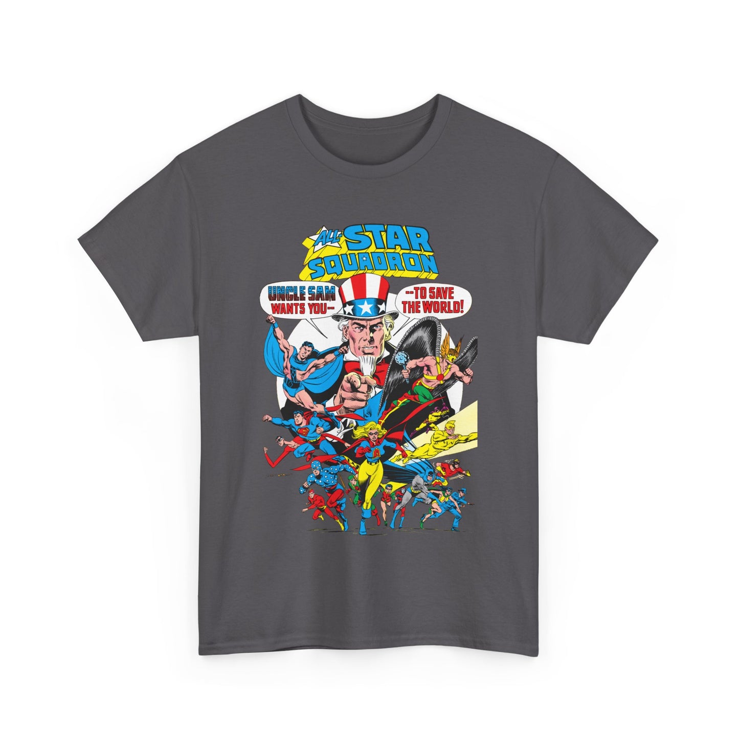 All-Star Squadron T-Shirt - Jerry Ordway Art - Uncle Sam, Hawkman, Superman, Liberty Belle, Black Condor, the Ray, Batman, Plastic Man - JSA Link - DC Comics