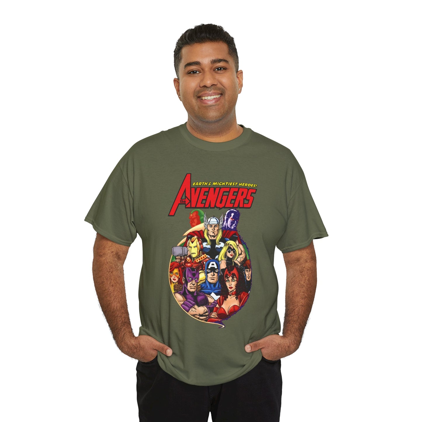 Avengers T-Shirt - George Perez Art - Captain America, Vision, Wonder Man, Iron Man, Thor, Hawkeye, Scarlet Witch - Popular Marvel Comics Characters