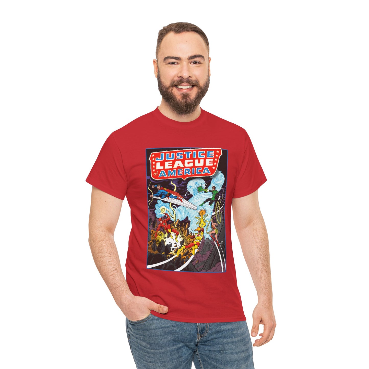 Justice League T-Shirt - George Perez Art - Tornado Tyrant - Superman, Firestorm, Flash, Wonder Woman, Green Lantern - DC Comics