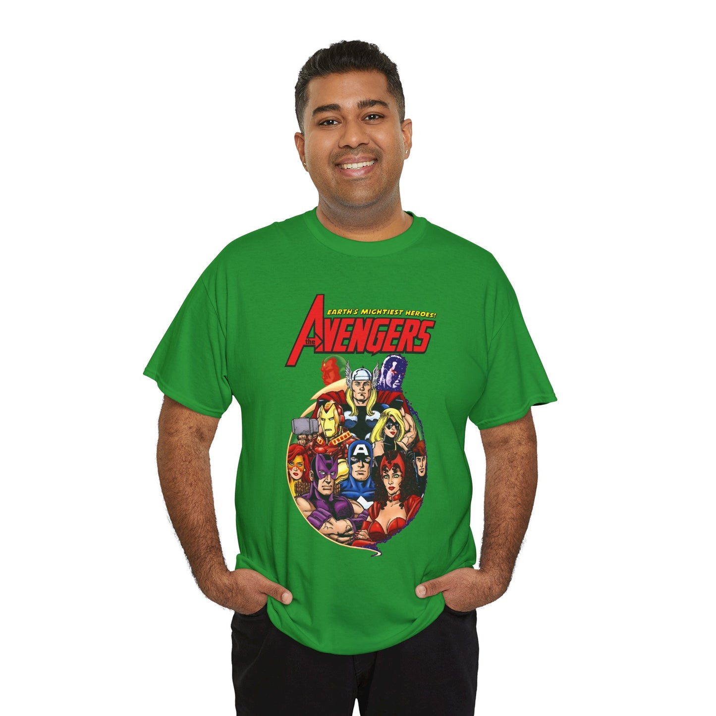 Avengers T-Shirt - George Perez Art - Captain America, Vision, Wonder Man, Iron Man, Thor, Hawkeye, Scarlet Witch - Popular Marvel Comics Characters