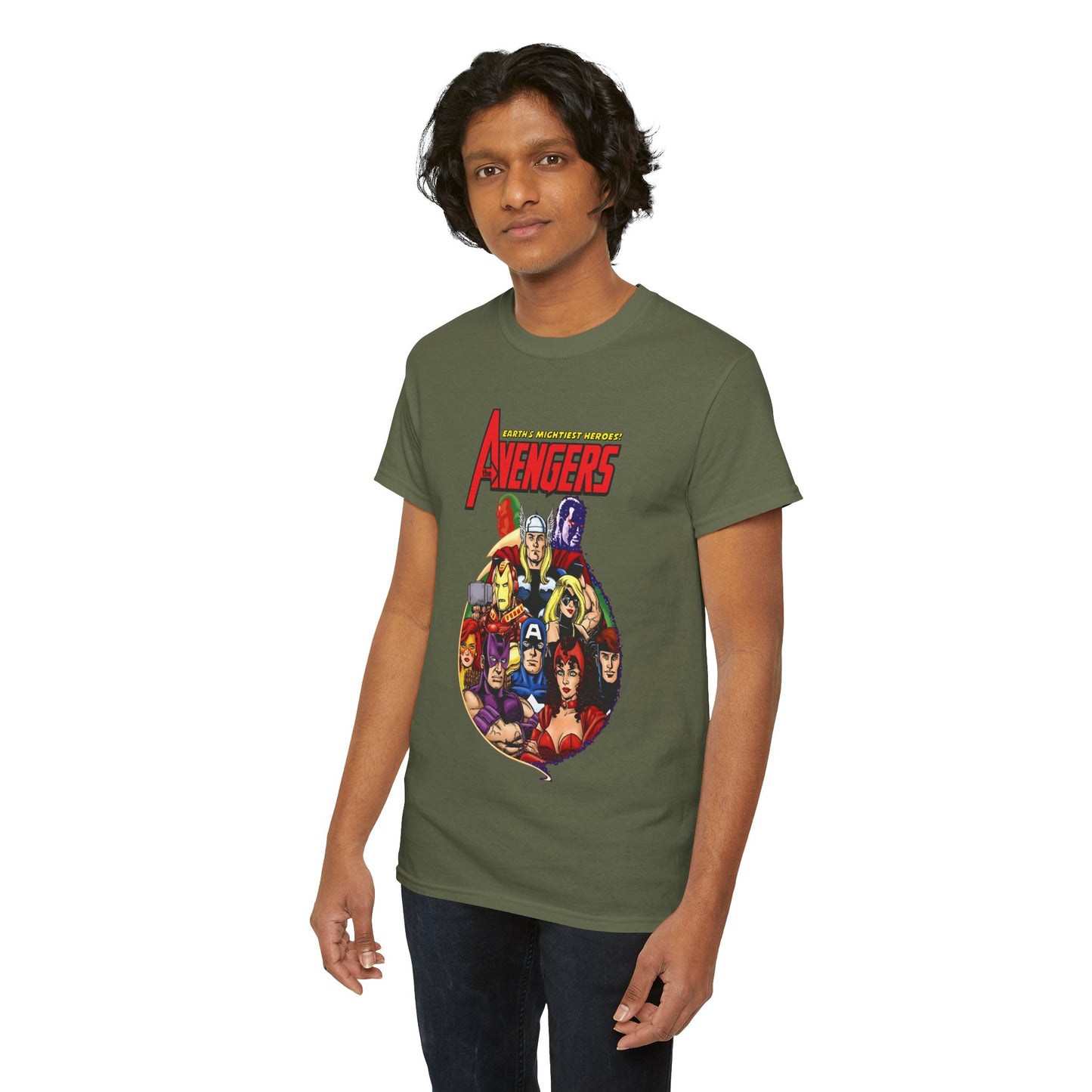 Avengers T-Shirt - George Perez Art - Captain America, Vision, Wonder Man, Iron Man, Thor, Hawkeye, Scarlet Witch - Popular Marvel Comics Characters