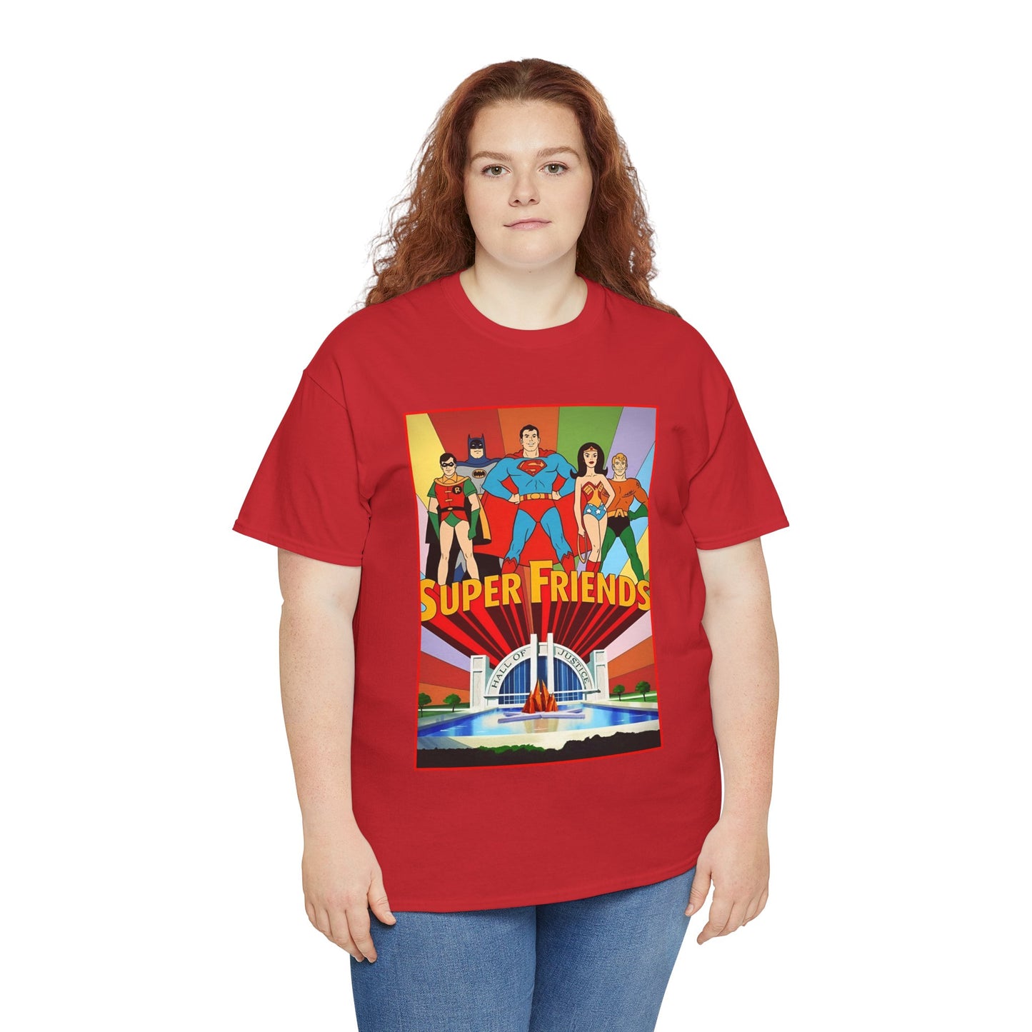 Super Friends T-Shirt - Batman, Superman, Wonder Woman, Robin - Hanna-Barbera Cartoon - DC Comics - Hall of Justice