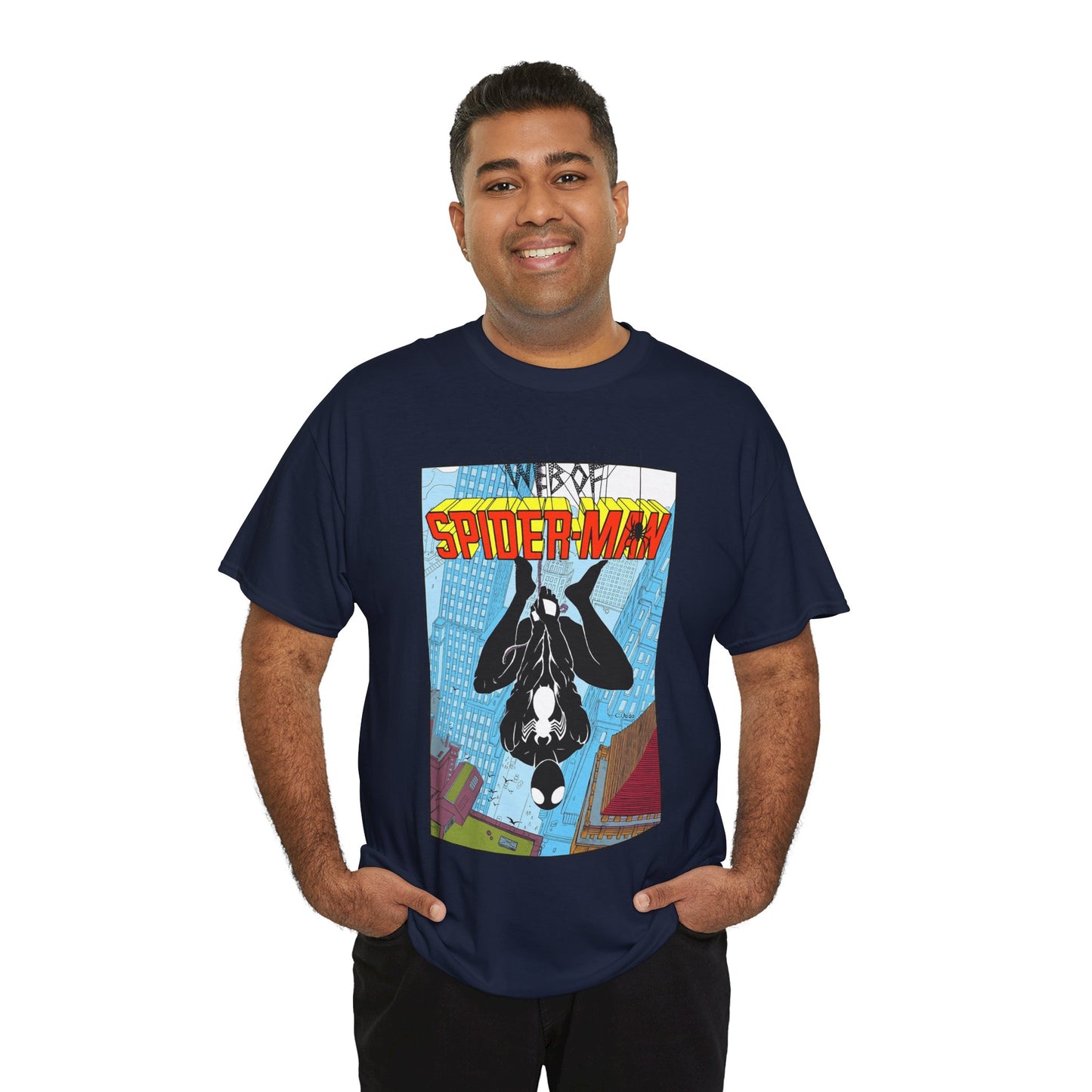 Web of Spider-Man T-Shirt - Charles Vess Art - Peter Parker, Web Slinger - Manhattan Skyline - Spidey Black Suit - Marvel Comics