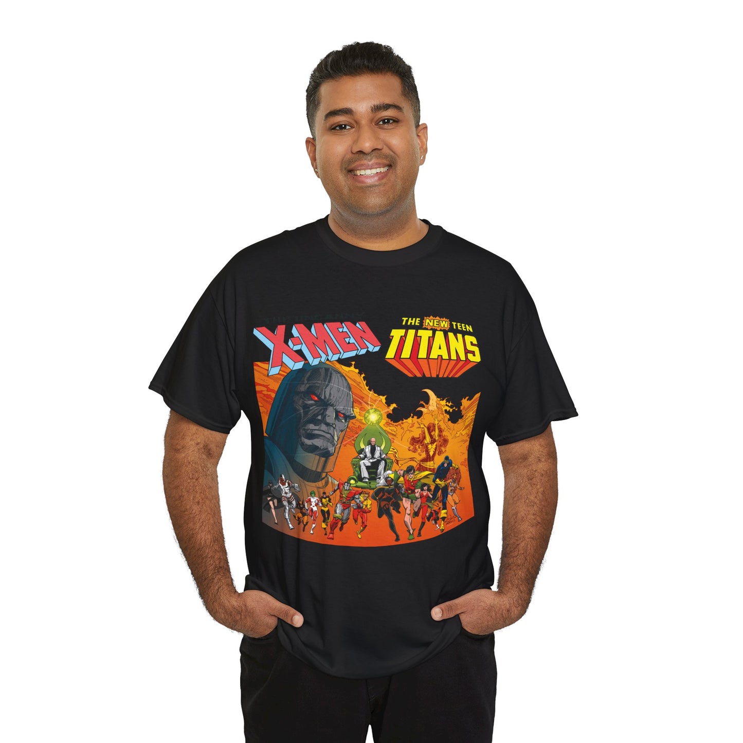 X-Men & New Teen Titans T-Shirt - Walt Simonson Art - Marvel & DC Comics Crossover - Wolverine, Raven, Storm, Cyclops, Robin, Cyborg, Colossus, Dark Phoenix, Darkseid