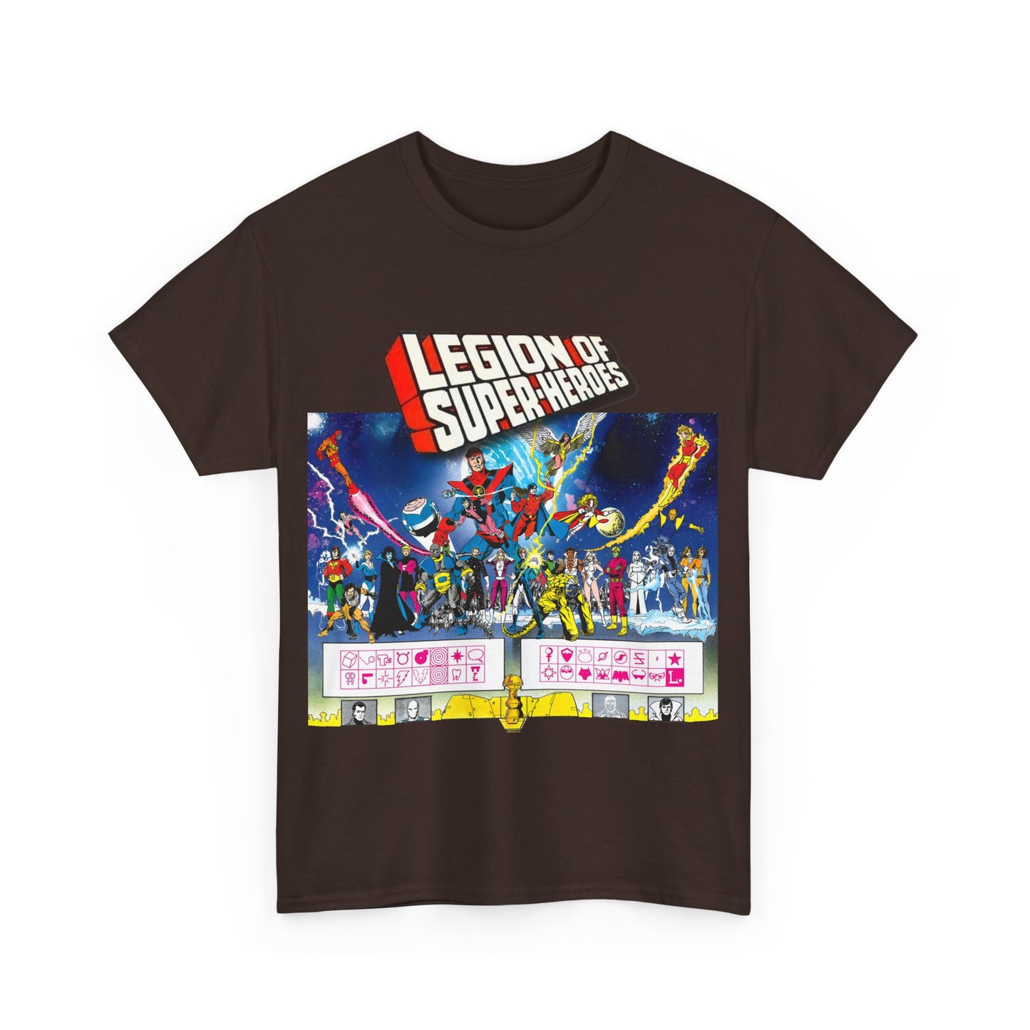 Legion of Super-Heroes T-Shirt - Gorgeous George Perez Art - History of the DC Universe - Lightning Lad, Timber Wolf, Wildfire, Sun Boy, Chamelon Boy - DC Comics