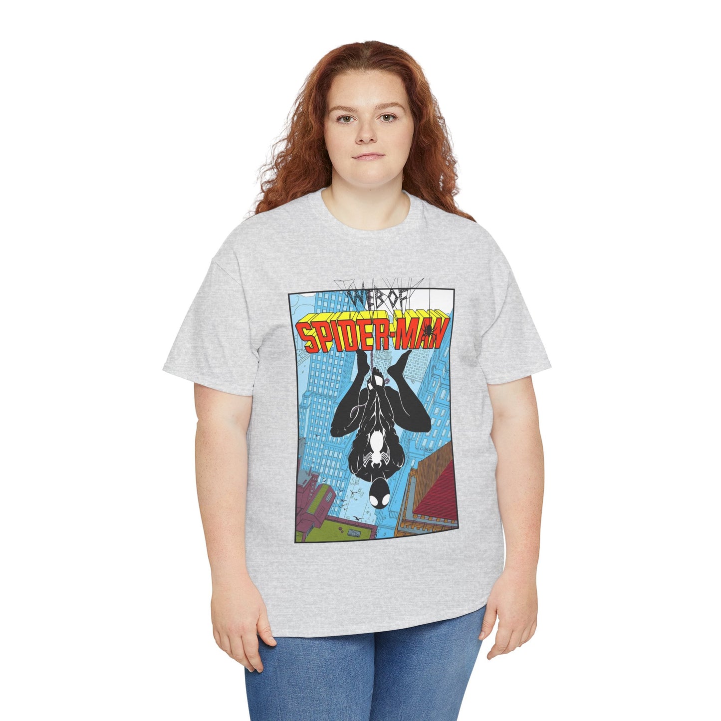 Web of Spider-Man T-Shirt - Charles Vess Art - Peter Parker, Web Slinger - Manhattan Skyline - Spidey Black Suit - Marvel Comics