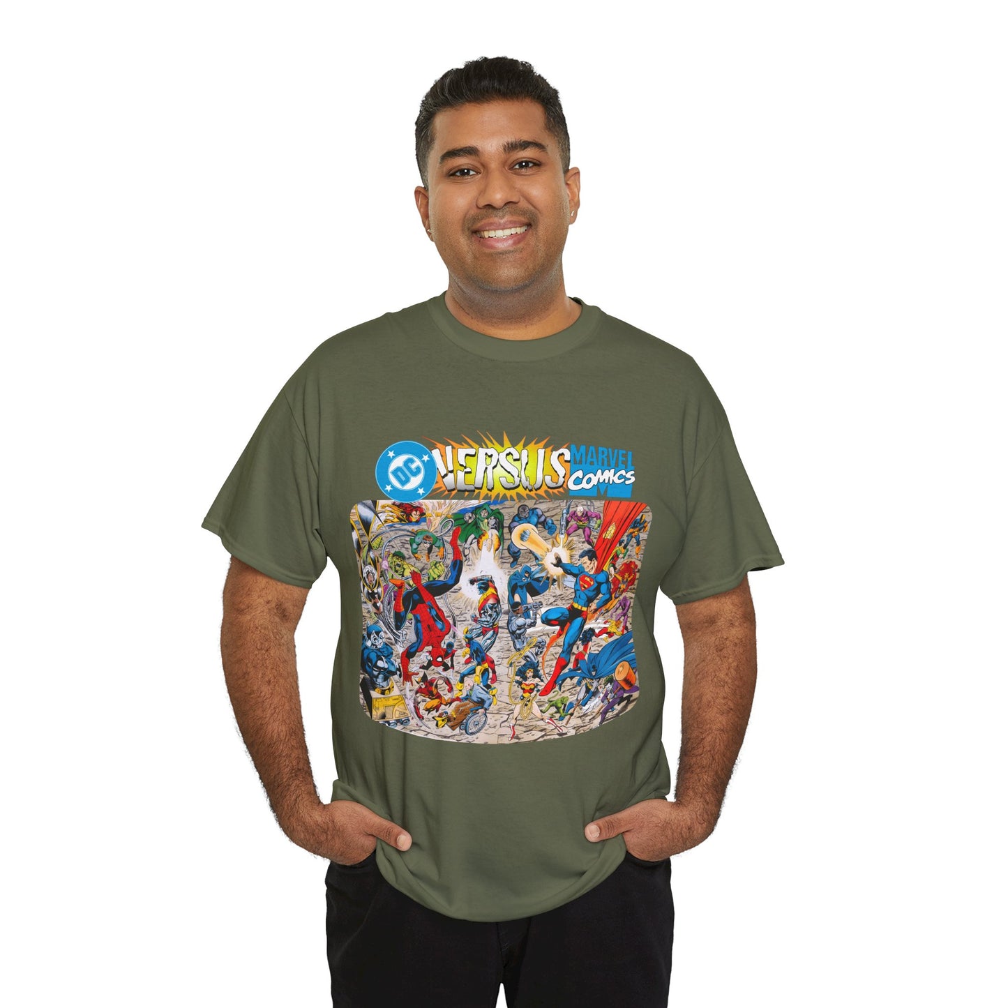 DC Comics Vs Marvel T-Shirt - John Byrne Art - Spider-Man, Raven, Cyborg, Wolverine, Joker, Superman, Batman, Deathstroke, Darkseid