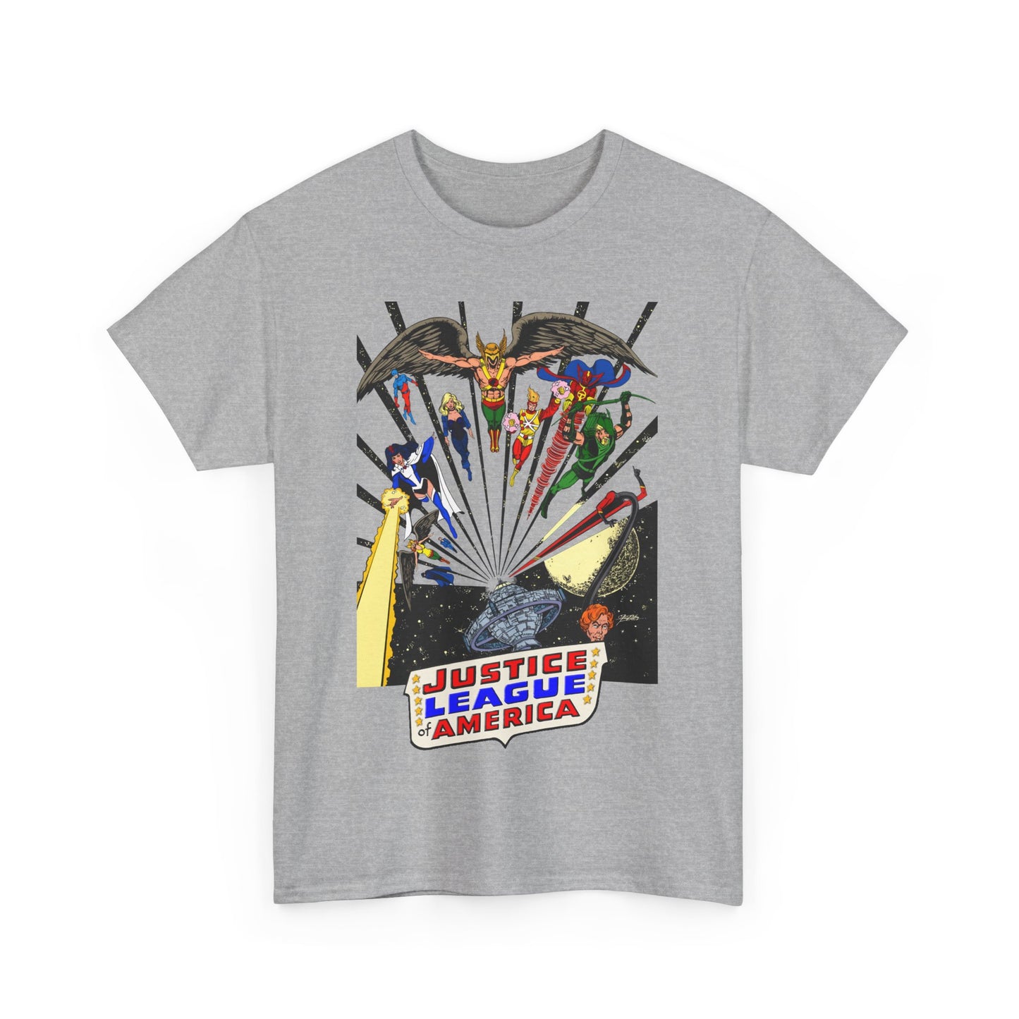 Justice League of America T-Shirt - George Perez Art - Bronze Age Satellite Era - DC Comics - Hawkman, Zatanna, Atom, Firestorm, Elongated Man, Green Arrow