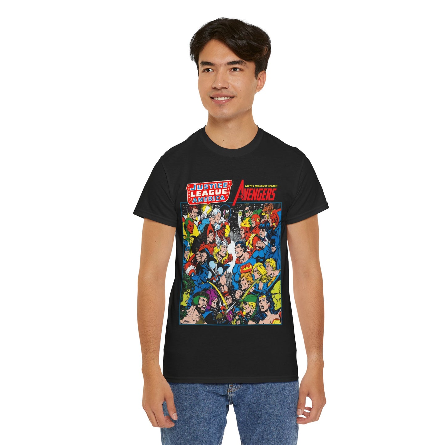 Justice League/Avengers T-Shirt - DC & Marvel Comics Art - George Perez - JLA - Batman, Captain America, Iron Man, Green Lantern