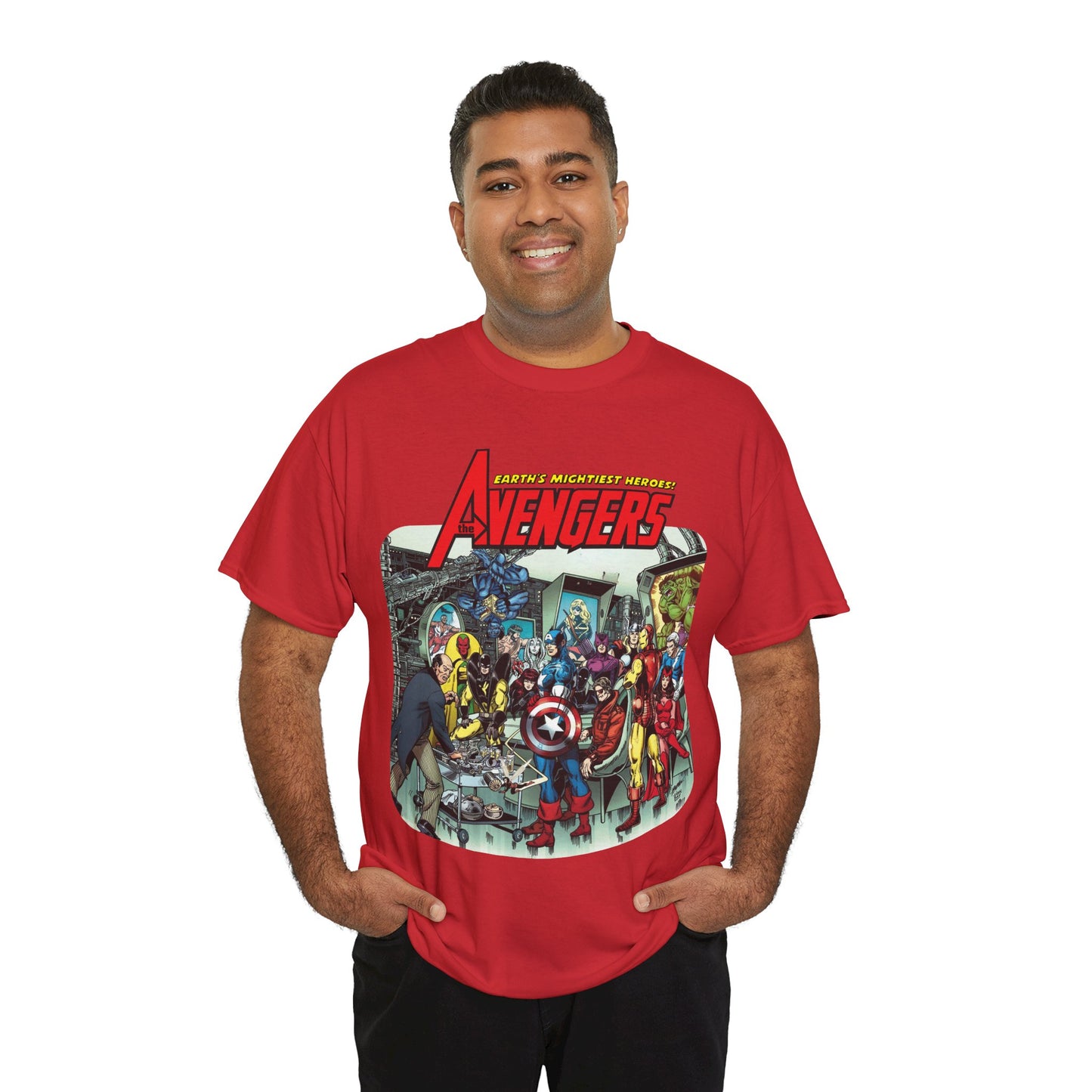 Classic Avengers T-Shirt - George Perez Art - Captain America, Hawkeye, Iron Man, Vision, Scarlet Witch, Quicksilver, Jarvis - Marvel Comics
