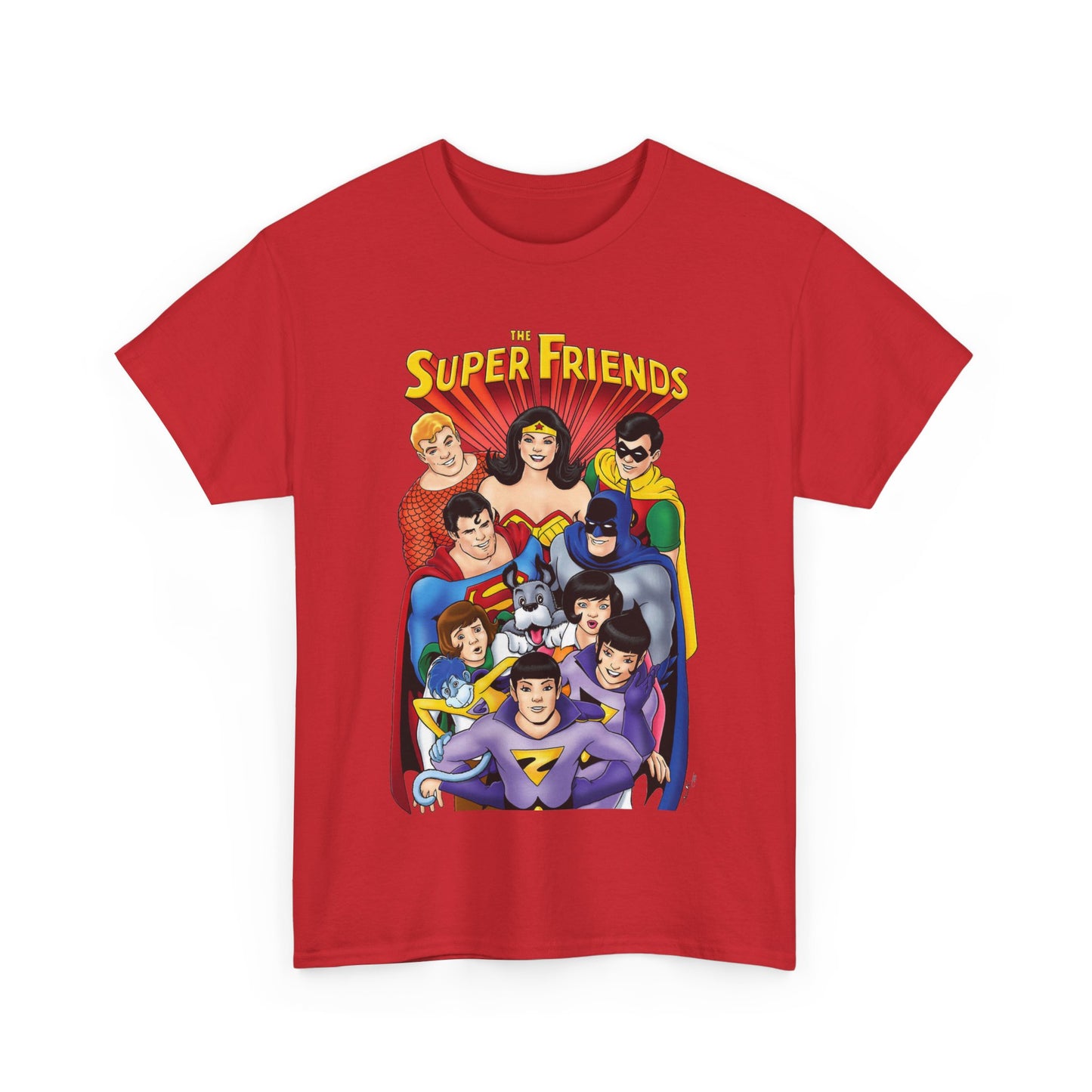 Super Friends T-Shirt - Kevin Maguire Art - Wonder Twins, Gleek, Superman, Wonder Woman Batman - DC Comics - Based on 1970s Hanna-Barbera Cartoon
