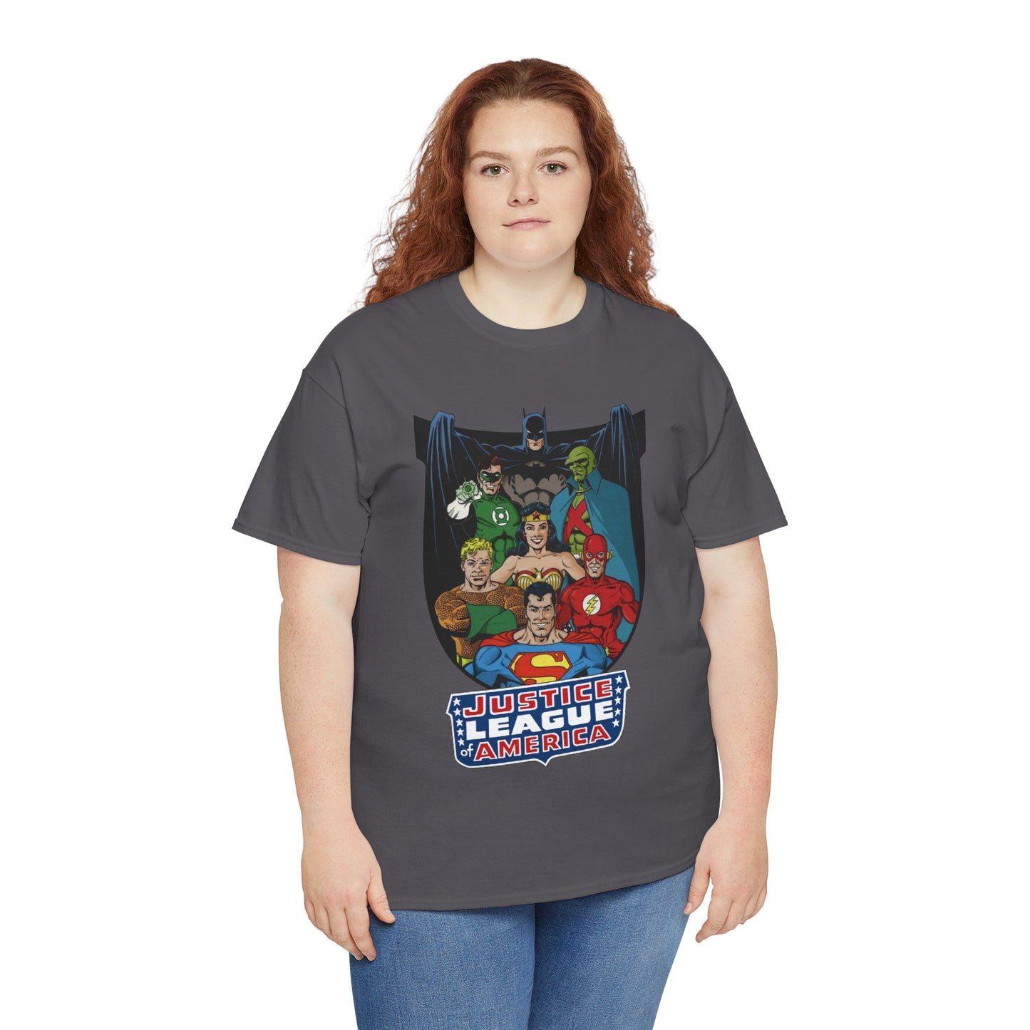 Justice League of America T-Shirt - George Perez Art - Superman, Wonder Woman, Batman, Aquaman, Martian Manhunter, Flash, Green Lantern - DC Comics