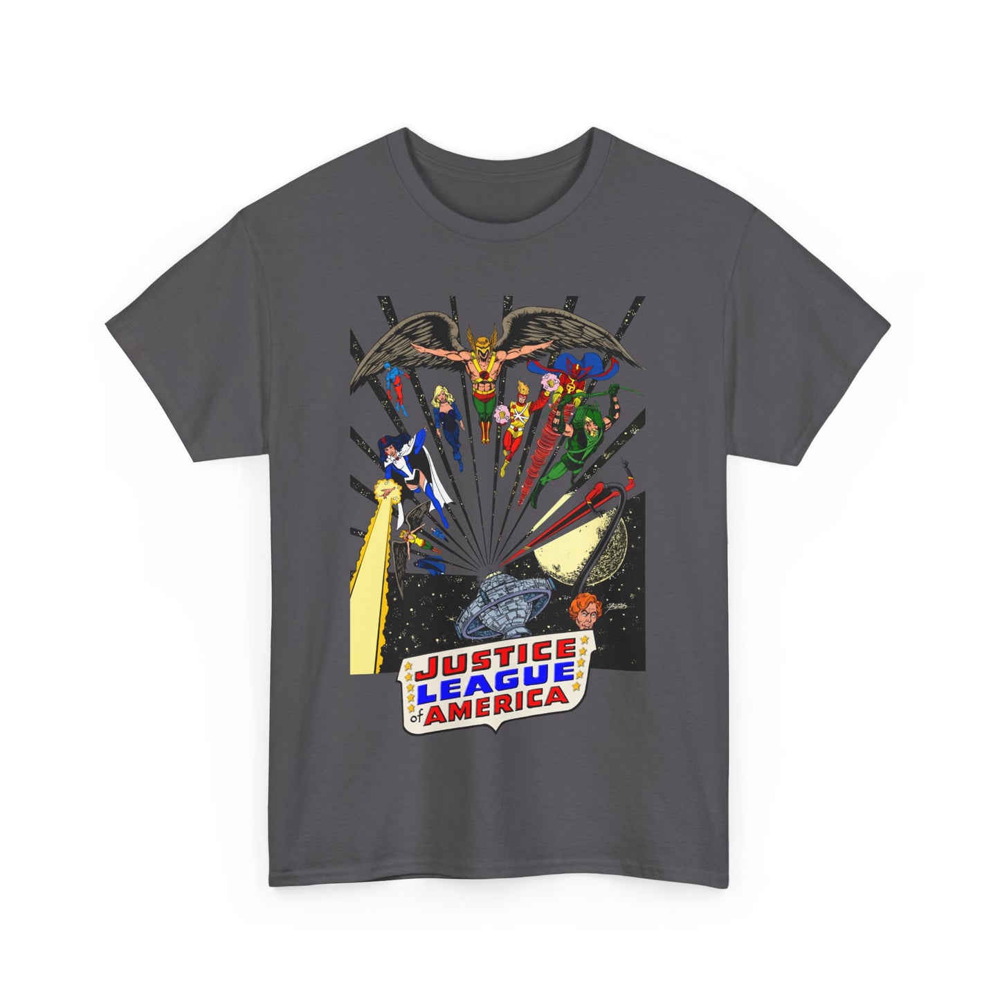 Justice League of America T-Shirt - George Perez Art - Bronze Age Satellite Era - DC Comics - Hawkman, Zatanna, Atom, Firestorm, Elongated Man, Green Arrow