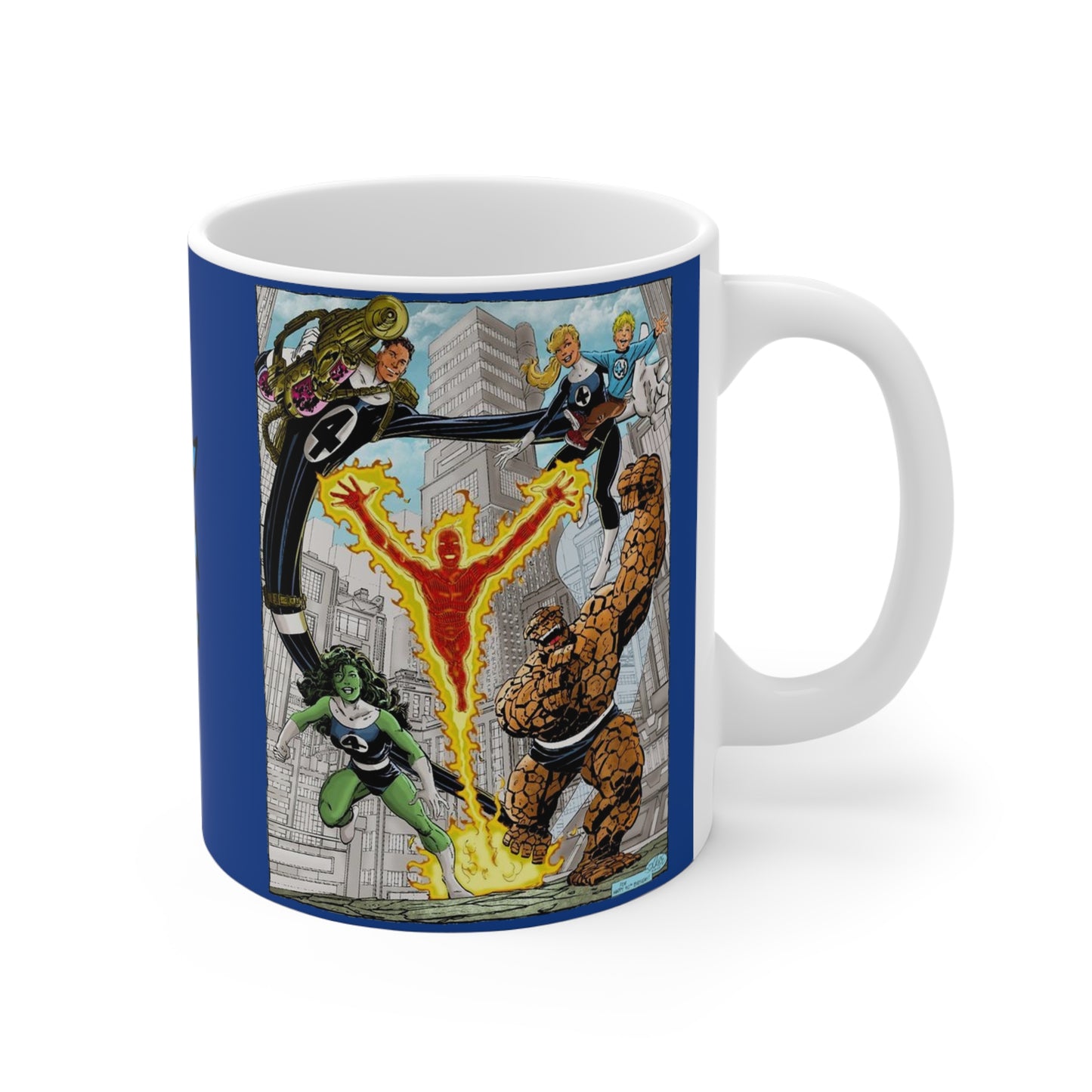 Fantastic Four Coffee Mug, 11oz - John Byrne Art - Marvel Comics - Human Torch, Reed Richards, Invisible Woman, The Thing, She-Hulk