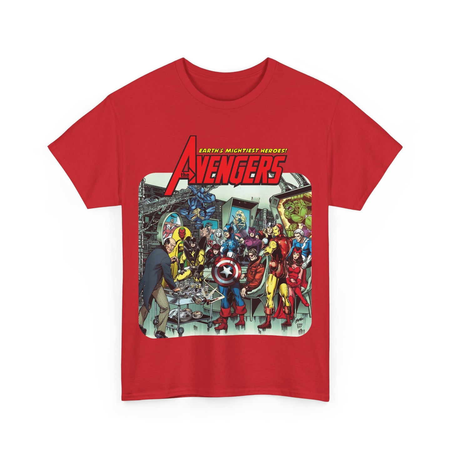 Classic Avengers T-Shirt - George Perez Art - Captain America, Hawkeye, Iron Man, Vision, Scarlet Witch, Quicksilver, Jarvis - Marvel Comics