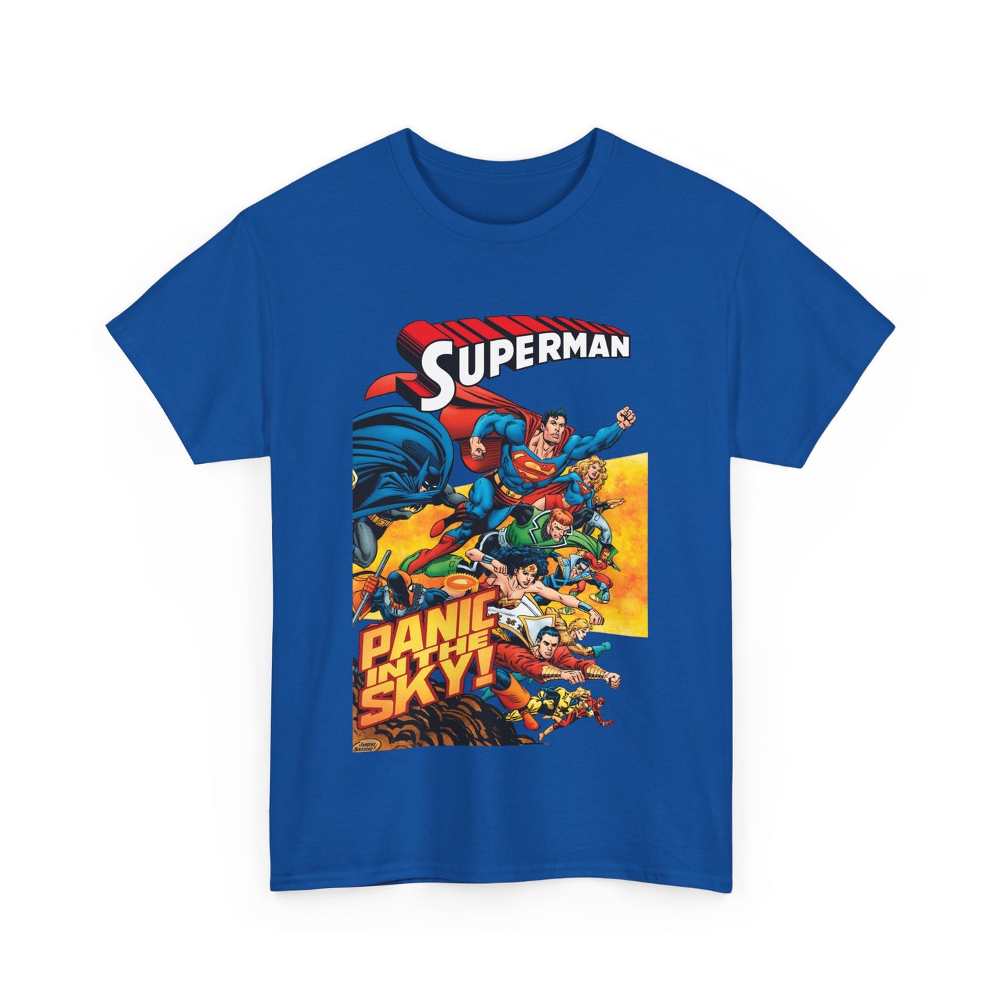Superman - Panic in the Sky T-Shirt - Dan Jurgens Art - Vs Brainiac & Maxima - Wonder Woman, Booster Gold, Shazam, Batman, Flash, Aquaman, Supergirl - DC Comics