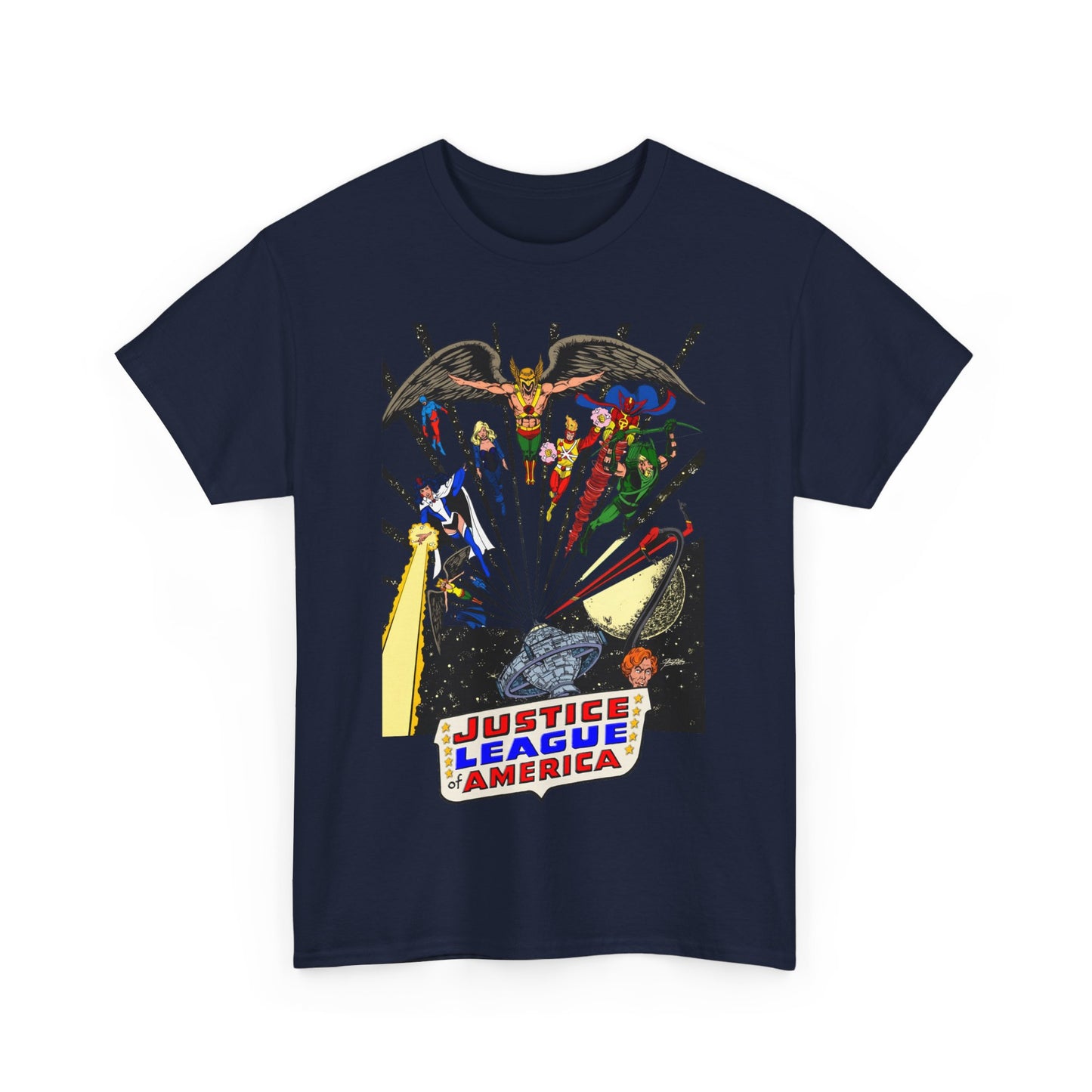 Justice League of America T-Shirt - George Perez Art - Bronze Age Satellite Era - DC Comics - Hawkman, Zatanna, Atom, Firestorm, Elongated Man, Green Arrow