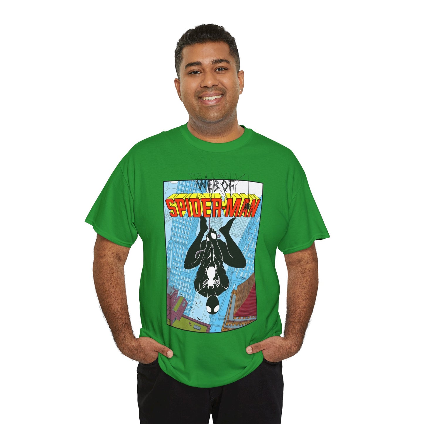 Web of Spider-Man T-Shirt - Charles Vess Art - Peter Parker, Web Slinger - Manhattan Skyline - Spidey Black Suit - Marvel Comics