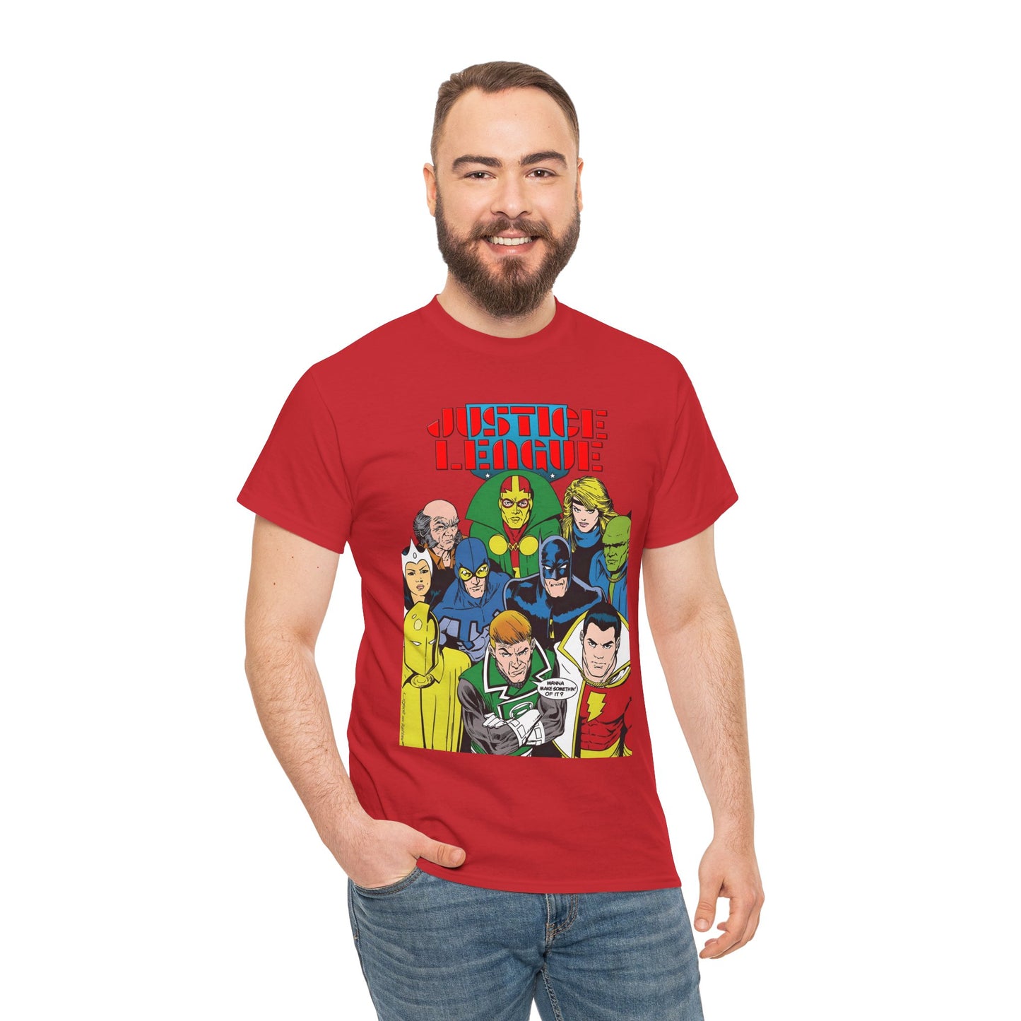 Justice League International T-Shirt - Kevin Maguire Art - JLI - DC Comics - Blue Beetle, Dr Fate, Batman, Mr Miracle, Martian Manhunter - Guy Gardner