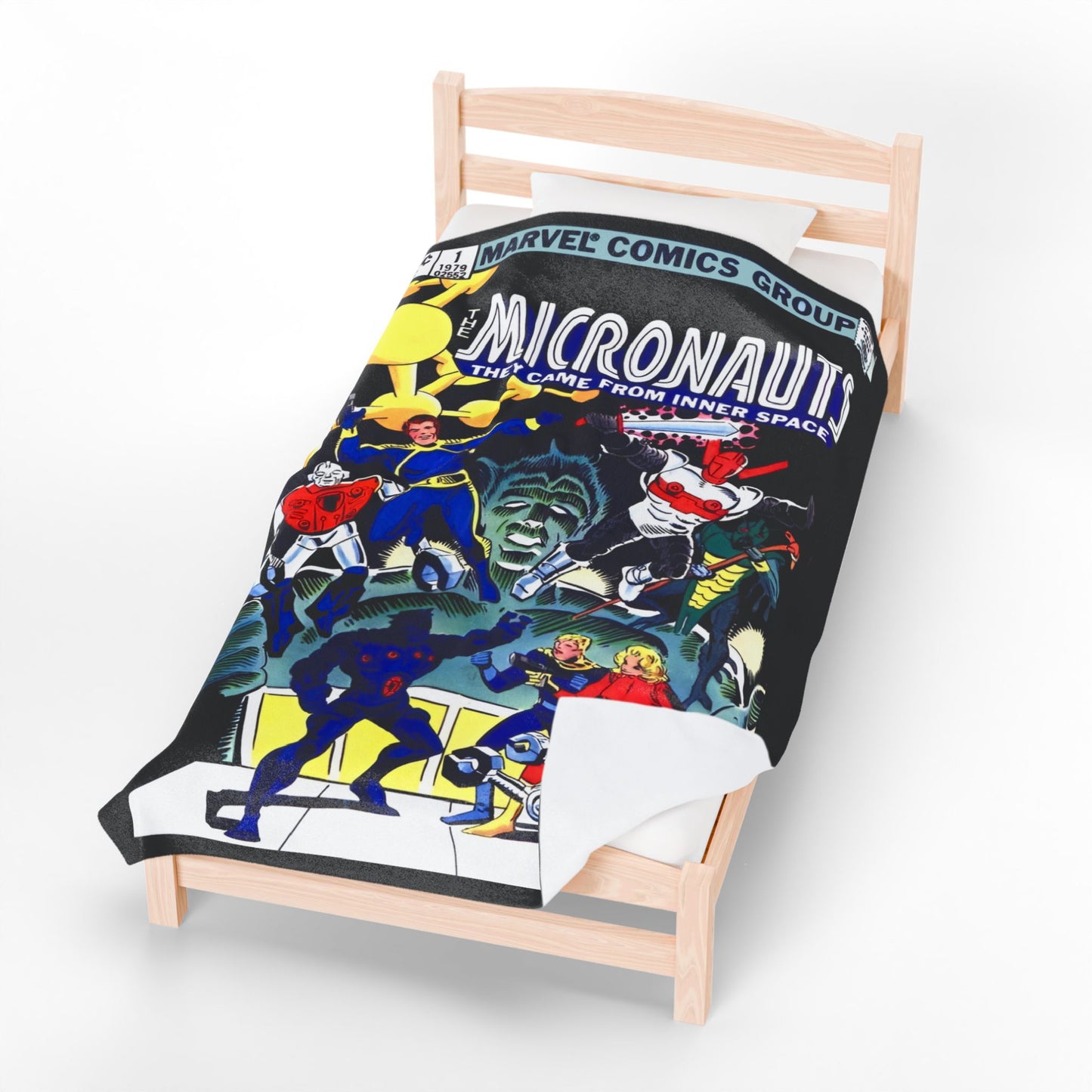 Micronauts Velveteen Plush Blanket 60x80" - Arcturus Rann, Biotron, Marionette, Microtron, Bug, Acroyear - Annual #1 Cover Art - Marvel Comics