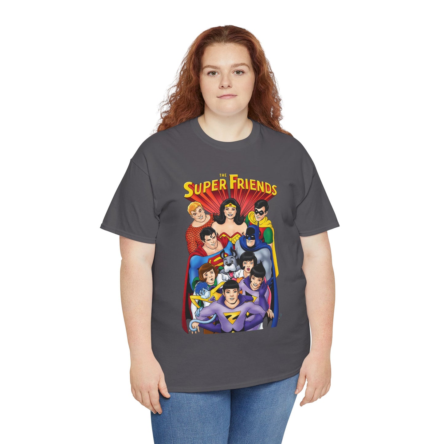 Super Friends T-Shirt - Kevin Maguire Art - Wonder Twins, Gleek, Superman, Wonder Woman Batman - DC Comics - Based on 1970s Hanna-Barbera Cartoon