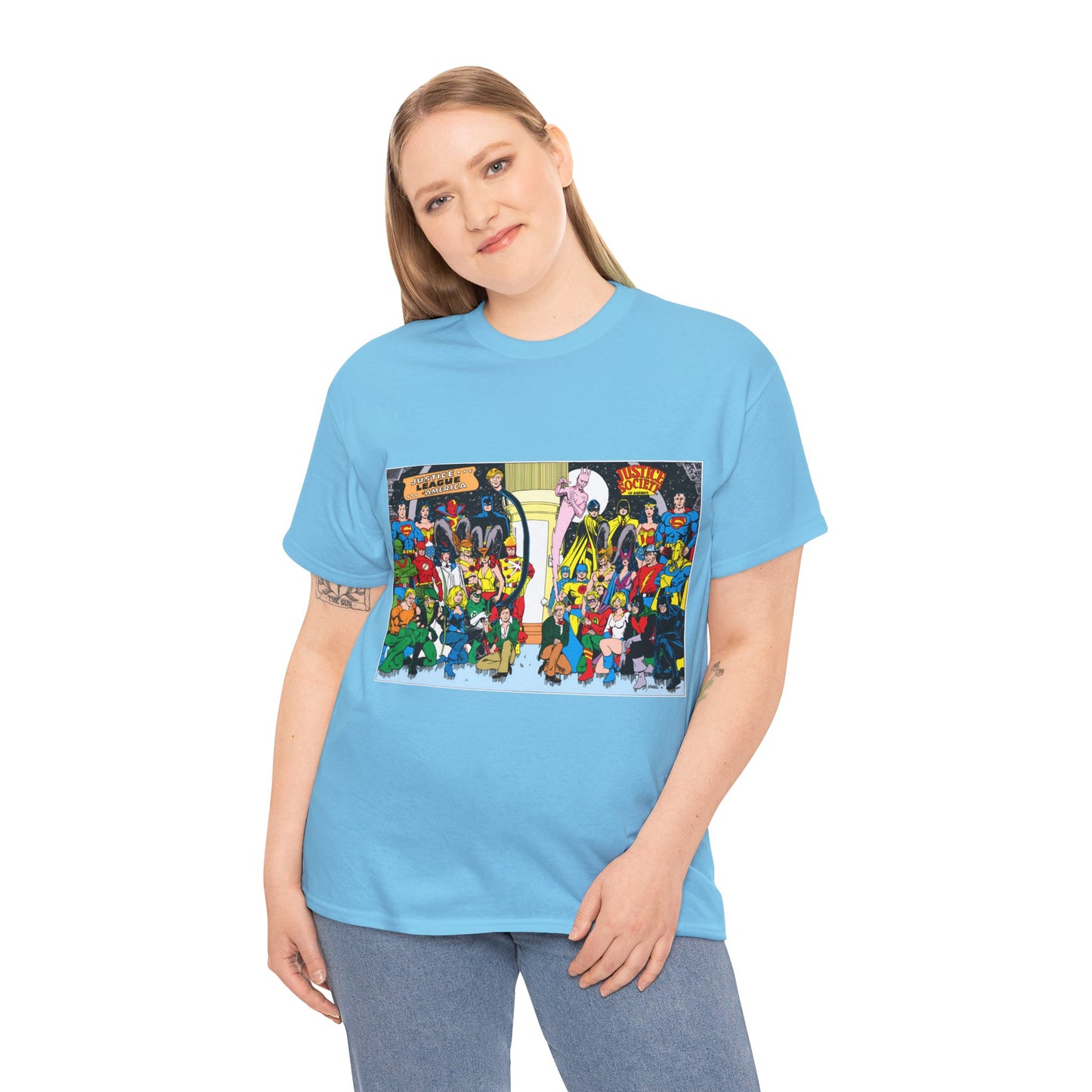 JLA & JSA T-Shirt - George Perez Art - Justice League, Society Team-up - Batman, Wildcat, Dr Fate, Hourman, Firestorm, Superman