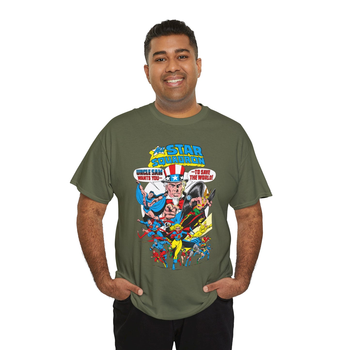 All-Star Squadron T-Shirt - Jerry Ordway Art - Uncle Sam, Hawkman, Superman, Liberty Belle, Black Condor, the Ray, Batman, Plastic Man - JSA Link - DC Comics
