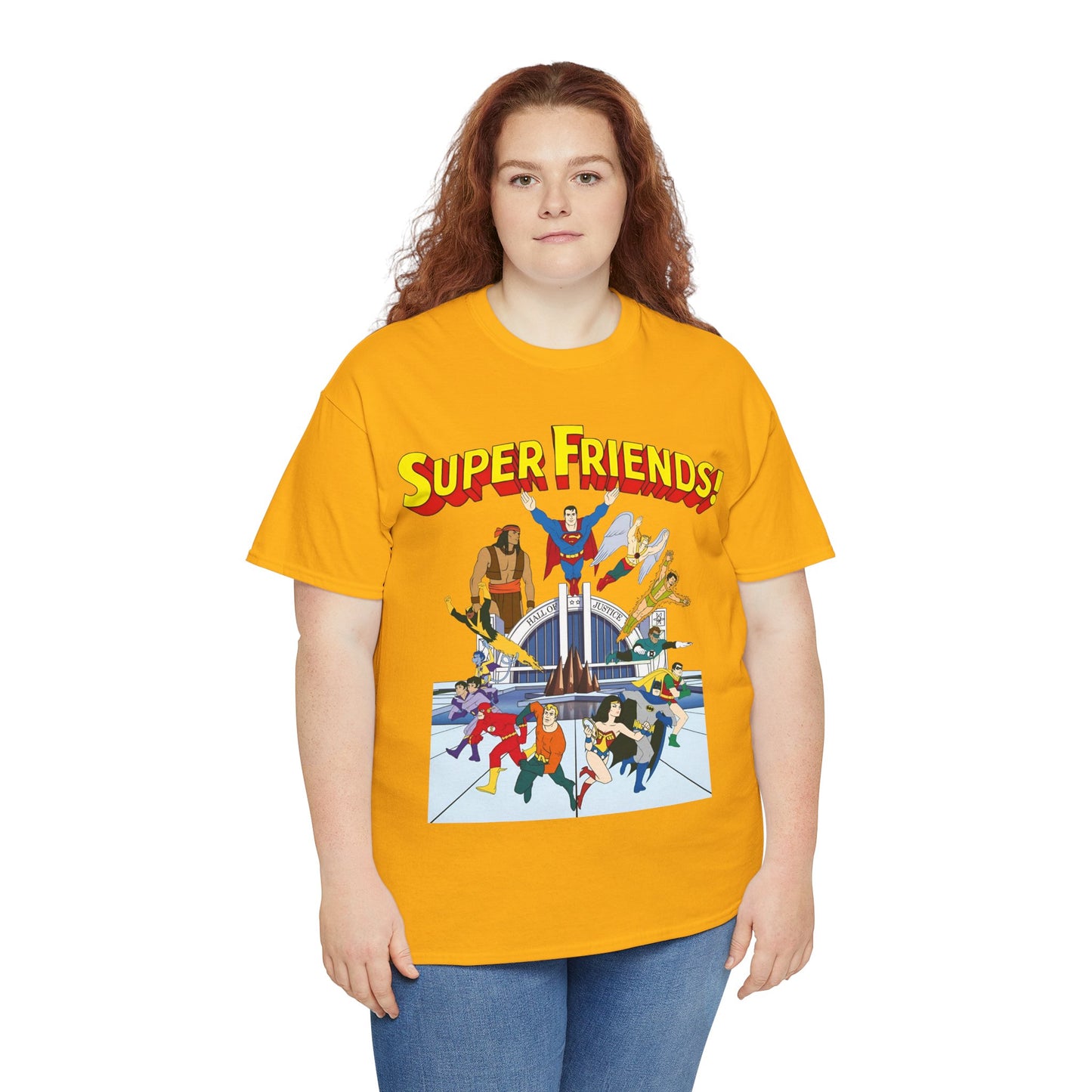 Super Friends T-Shirt - DC Hanna-Barbera - Superman, Wonder Woman, Black Vulcan, Batman, The Wonder Twins, Apache Chief, Hall of Justice