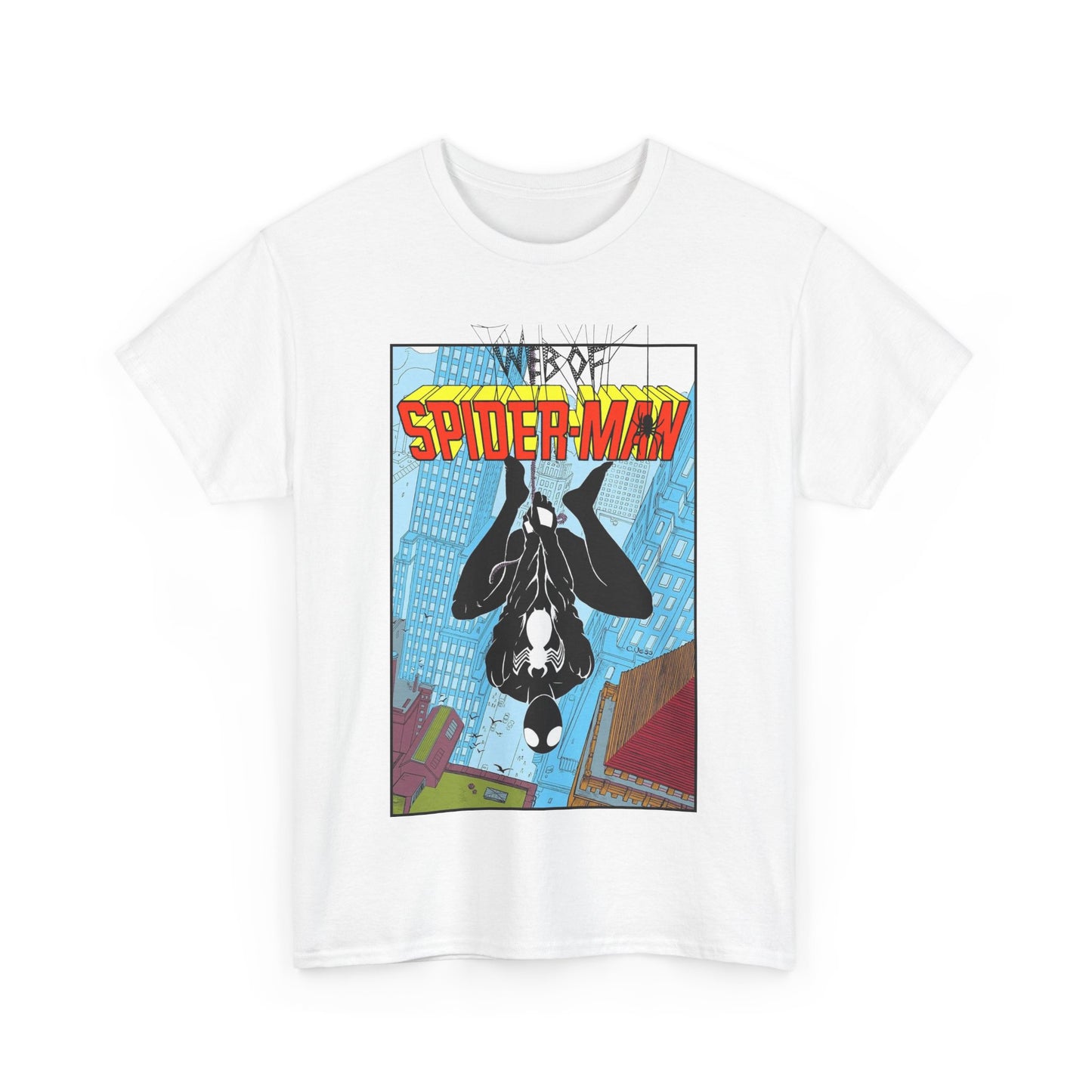 Web of Spider-Man T-Shirt - Charles Vess Art - Peter Parker, Web Slinger - Manhattan Skyline - Spidey Black Suit - Marvel Comics
