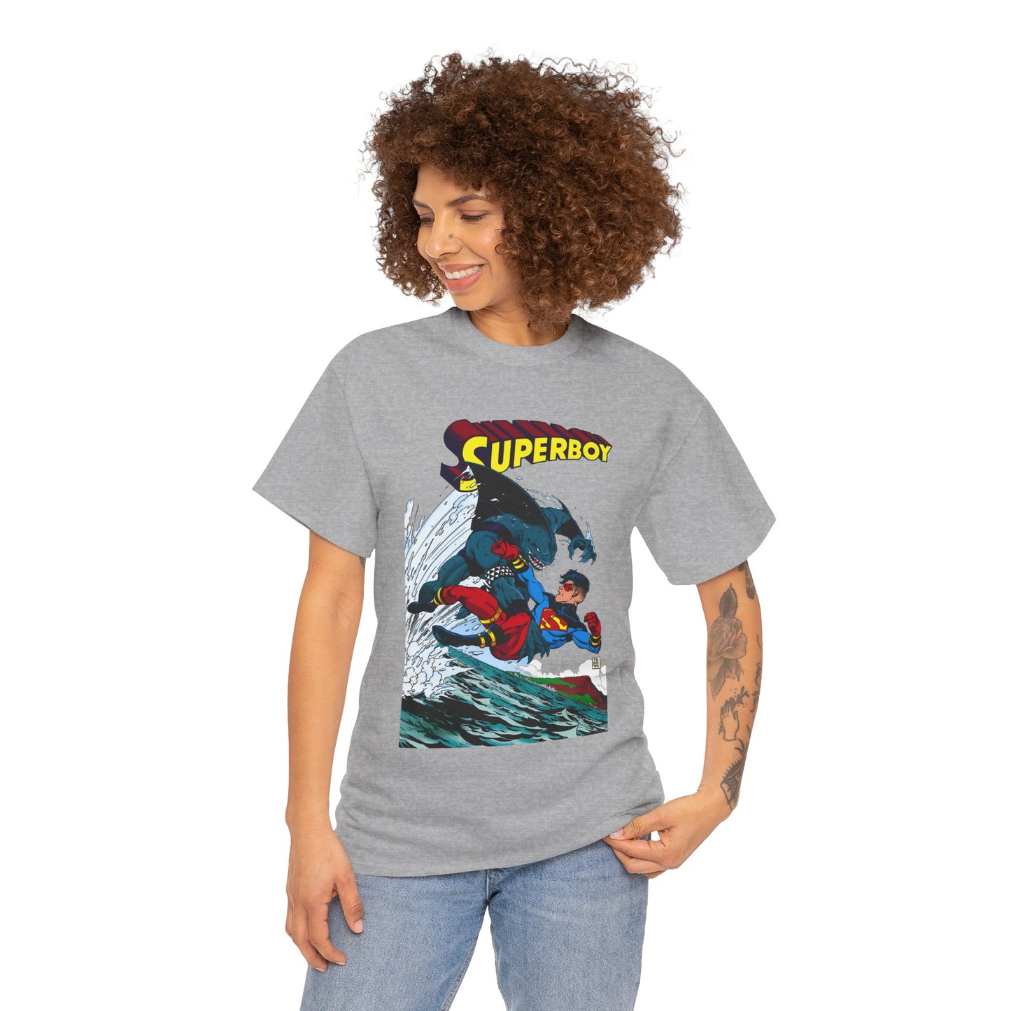 King Shark Vs Superboy T-Shirt - Tom Grummett Art - Connor Kent, Kon-L - Superman Family - DC Comics