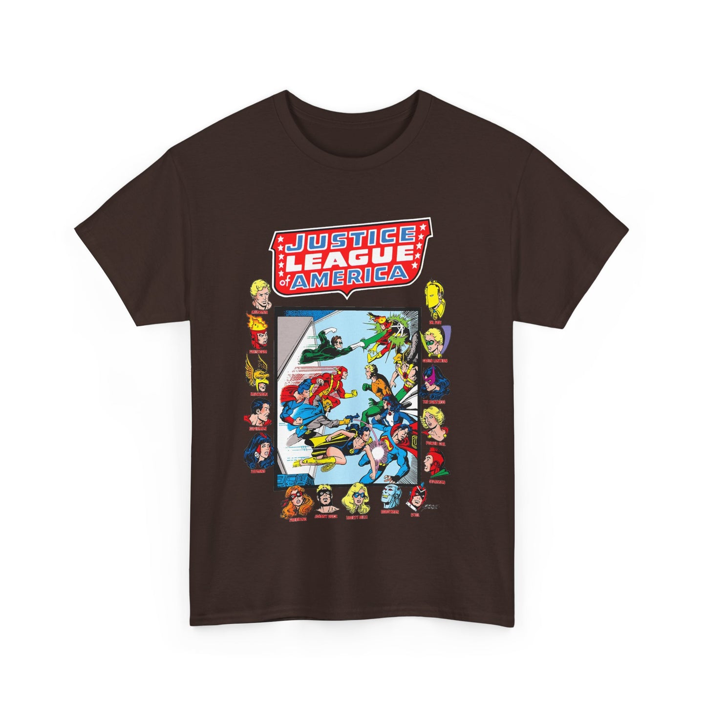 JLA & JSA T-Shirt - George Perez Art - All-Star Squadron - Firestorm, Huntress, Starman, Zatanna, Liberty Belle, Superman, Robotman, Firebrand, Dr Fate - DC Comics