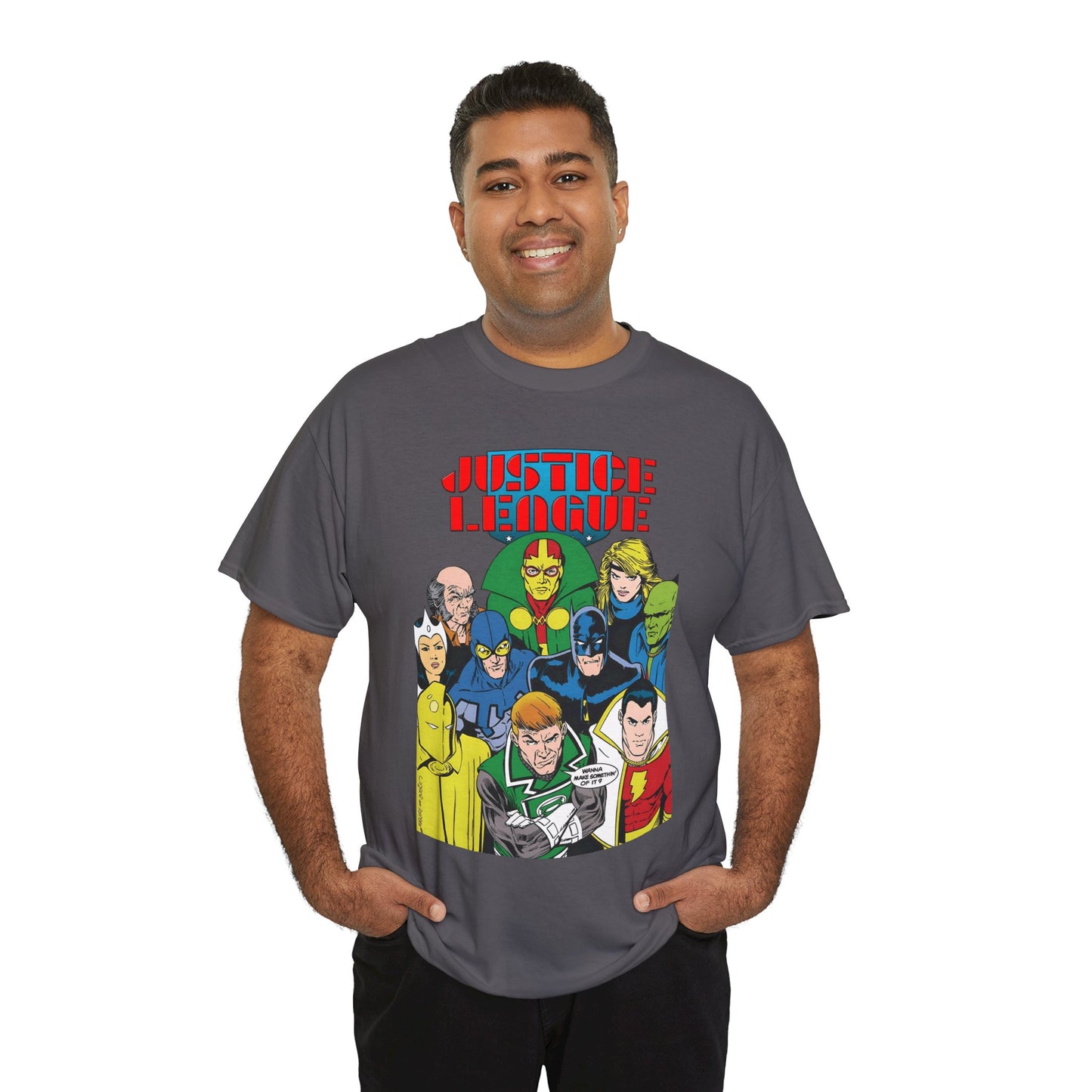 Justice League International T-Shirt - Kevin Maguire Art - JLI - DC Comics - Blue Beetle, Dr Fate, Batman, Mr Miracle, Martian Manhunter - Guy Gardner