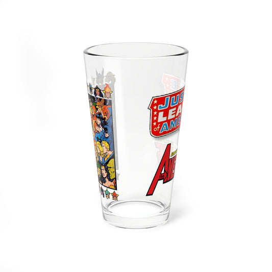 Justice League Vs Avengers Pint Glass, 16oz - George Perez Art - Superman, Iron Man, Thor, Captain America, Wonder Woman, Scarlet Witch, Green Lantern - DC & Marvel Comics