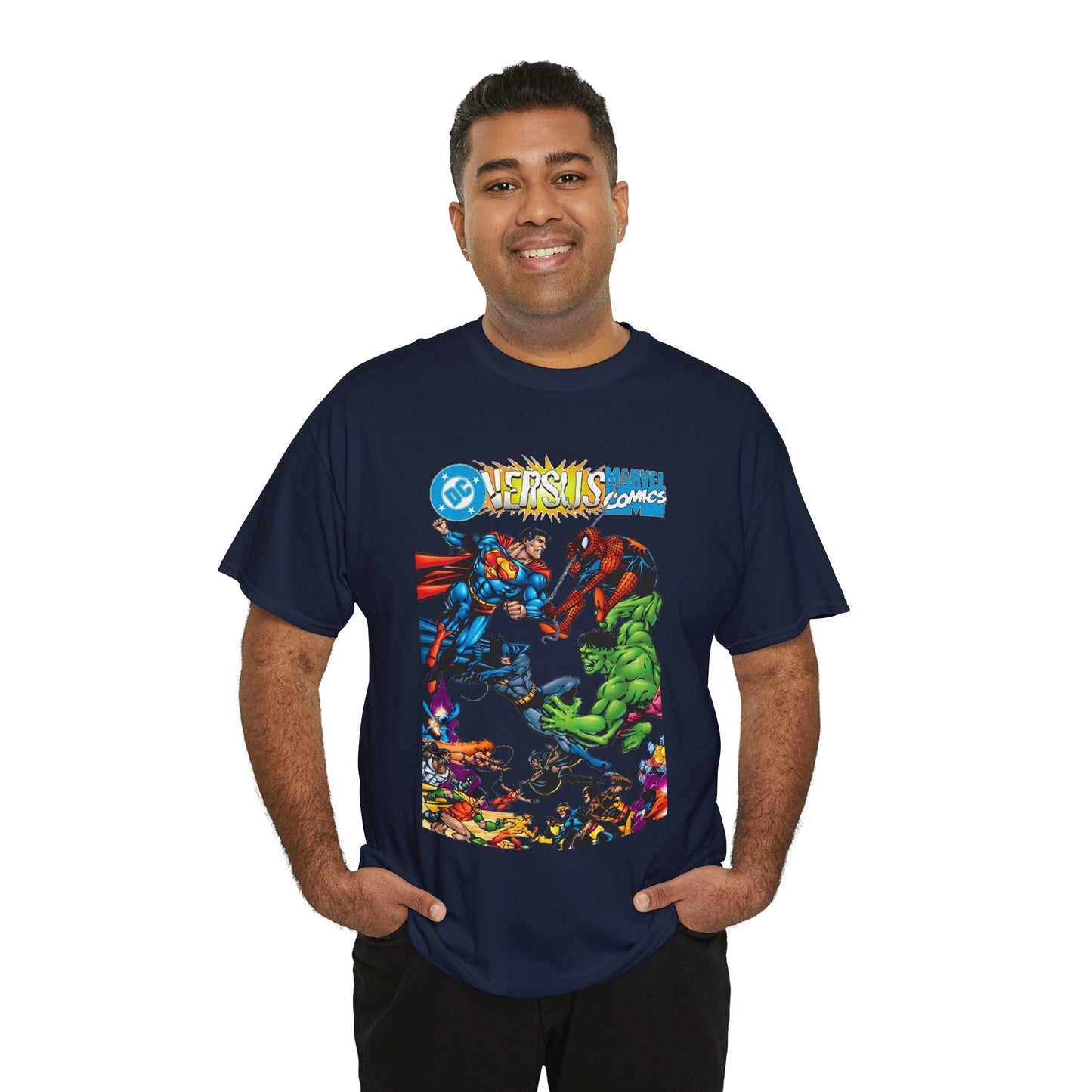 DC Comics Vs Marvel Comics T-Shirt - George Perez Art - Superman, Hulk, Batman, Spider-man, X-Men, New Teen Titans