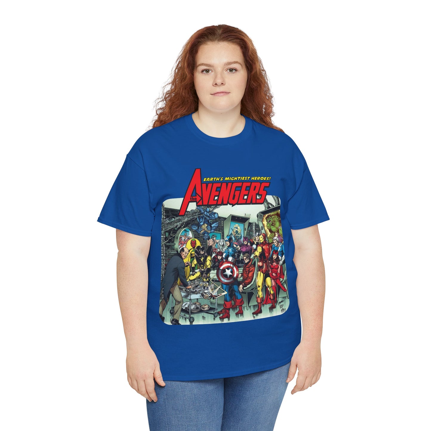 Classic Avengers T-Shirt - George Perez Art - Captain America, Hawkeye, Iron Man, Vision, Scarlet Witch, Quicksilver, Jarvis - Marvel Comics