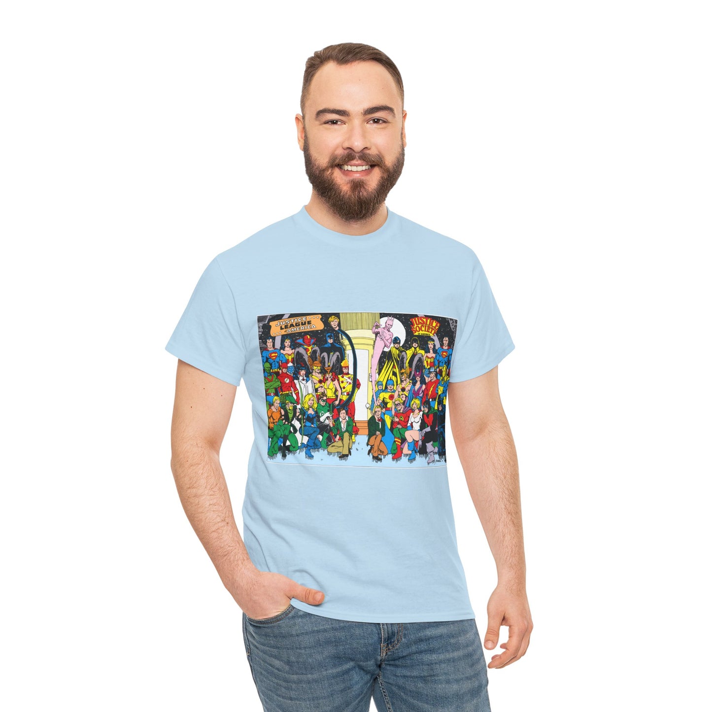 JLA & JSA T-Shirt - George Perez Art - Justice League, Society Team-up - Batman, Wildcat, Dr Fate, Hourman, Firestorm, Superman