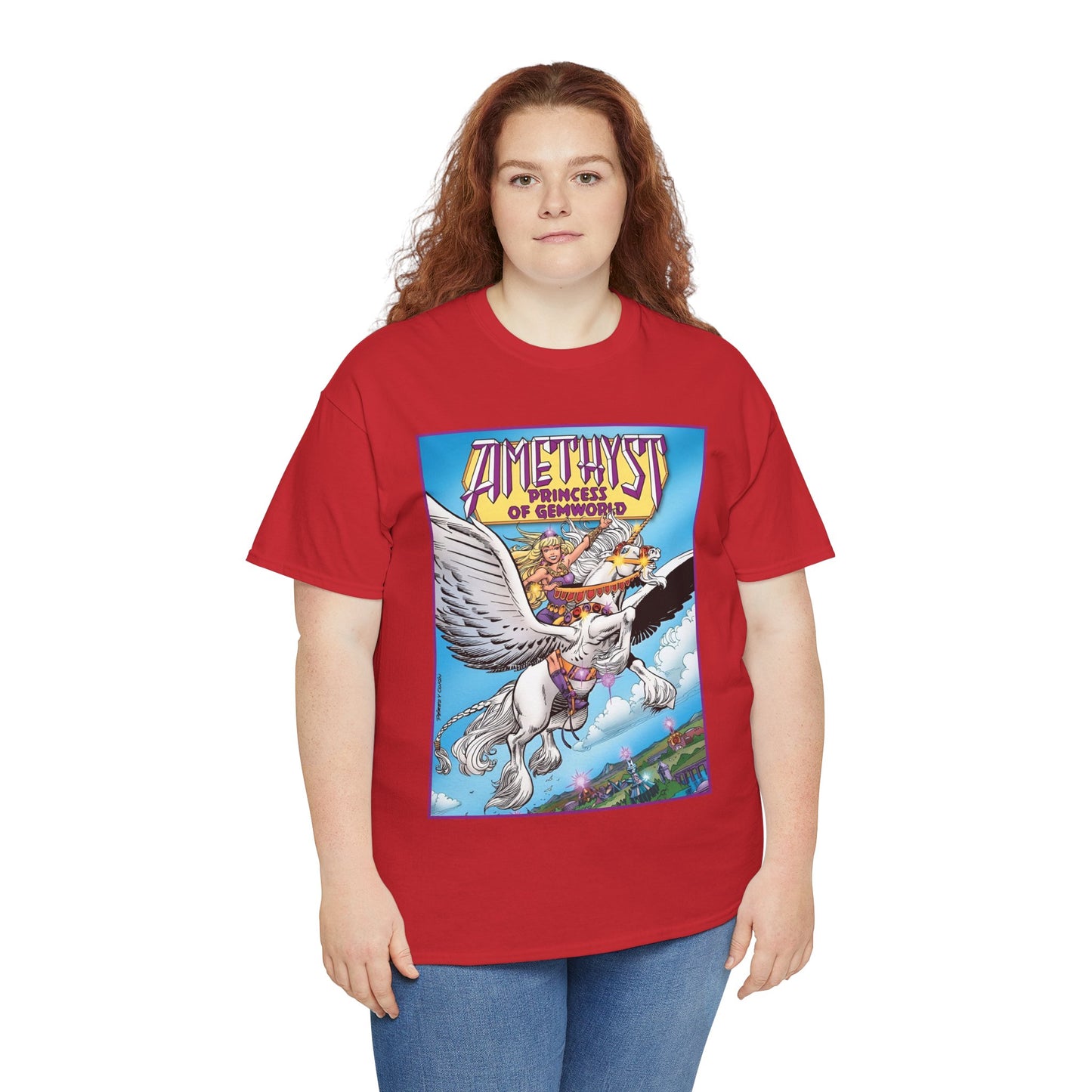 Amethyst Princess of Gemworld T-Shirt - George Perez Art - DC Comics 1980s Series - Riding a Unicorn