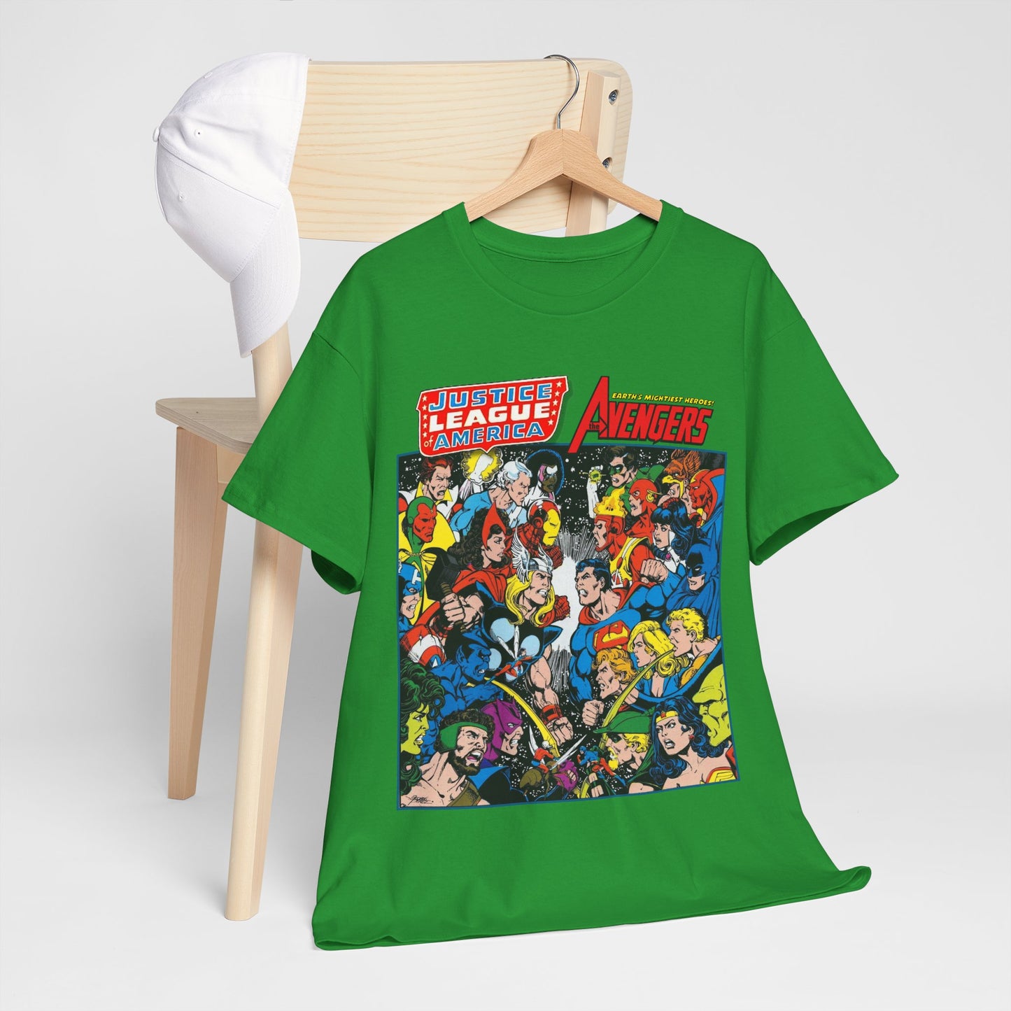 Justice League/Avengers T-Shirt - DC & Marvel Comics Art - George Perez - JLA - Batman, Captain America, Iron Man, Green Lantern