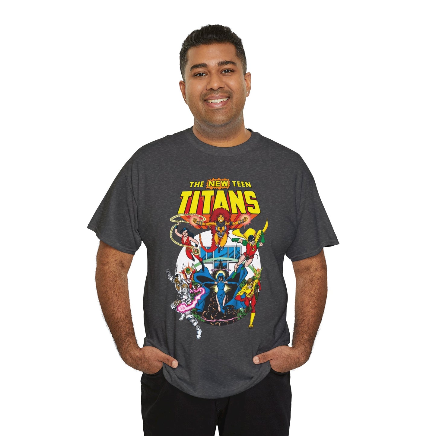 New Teen Titans T-Shirt - Classic George Perez Art - Cyborg, Raven, Starfire, Robin, Wonder Girl, Changeling, Kid Flash - Titans Tower - Popular DC Comics 1980s Series