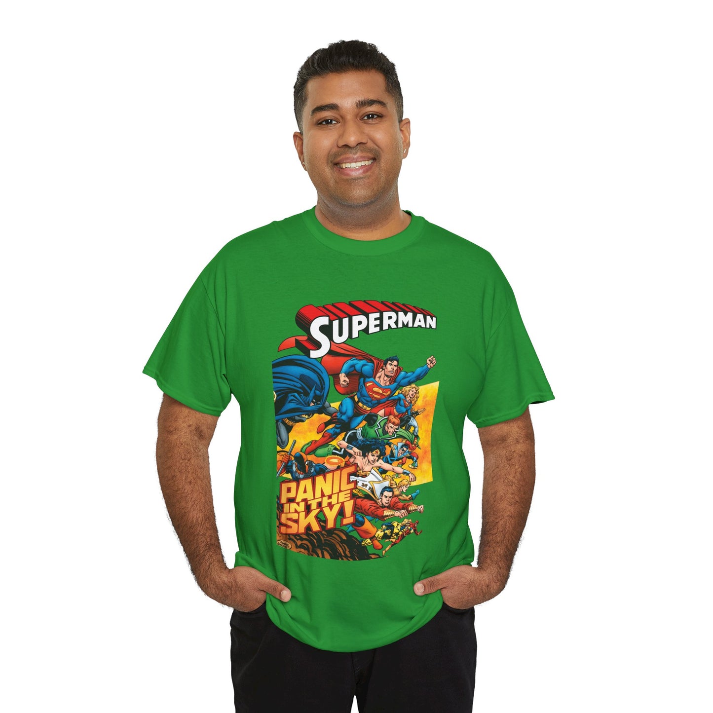 Superman - Panic in the Sky T-Shirt - Dan Jurgens Art - Vs Brainiac & Maxima - Wonder Woman, Booster Gold, Shazam, Batman, Flash, Aquaman, Supergirl - DC Comics
