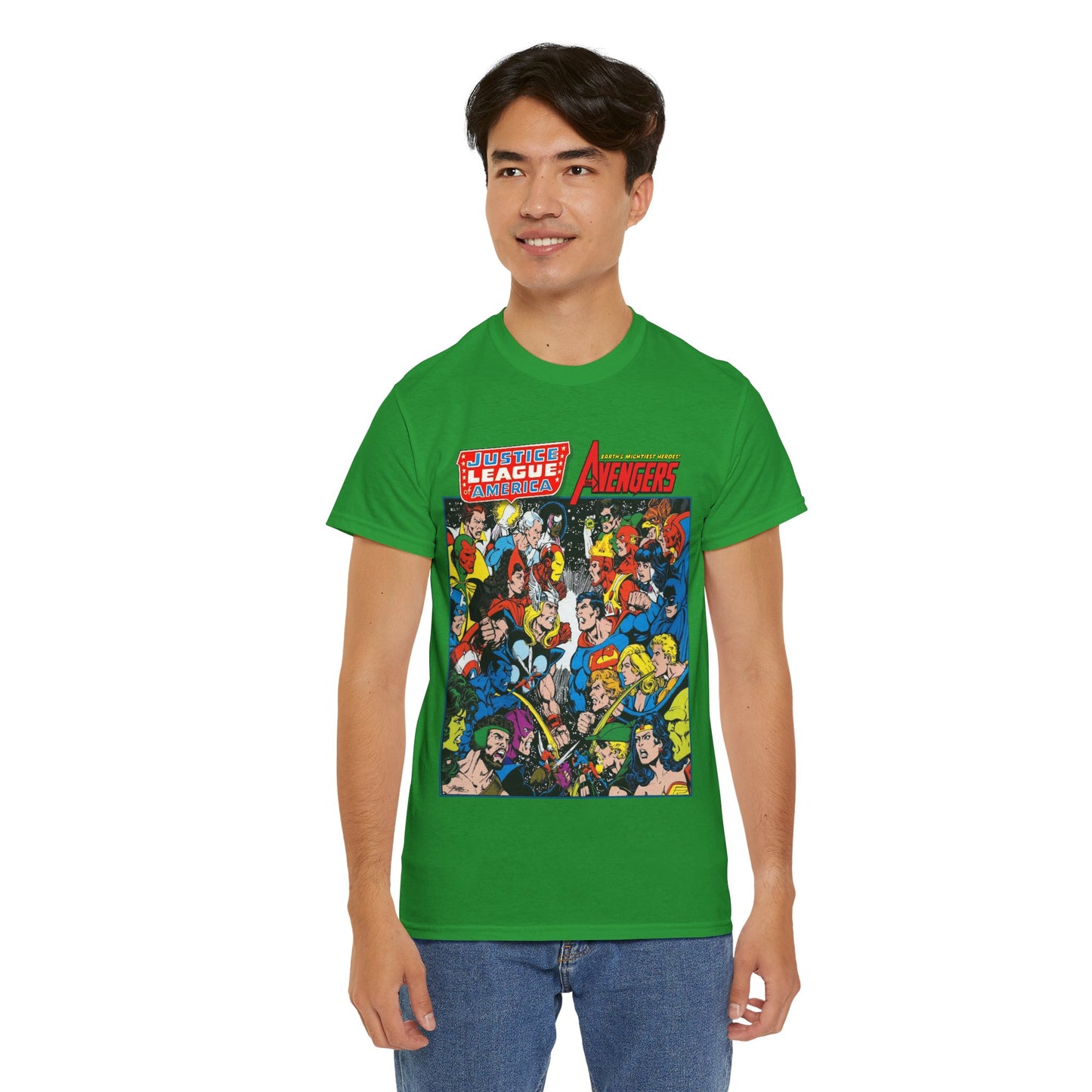 Justice League/Avengers T-Shirt - DC & Marvel Comics Art - George Perez - JLA - Batman, Captain America, Iron Man, Green Lantern