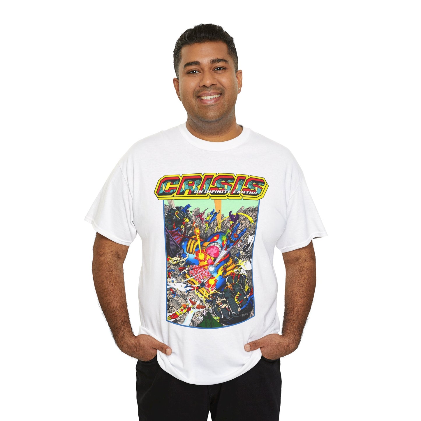 Crisis on Infinite Earths T-Shirt - George Perez Art - Superman, Firestorm, Captain Atom, Wonder Woman, Martian Manhunter Vs The Anti-Monitor - #12 Cover - DC Comics