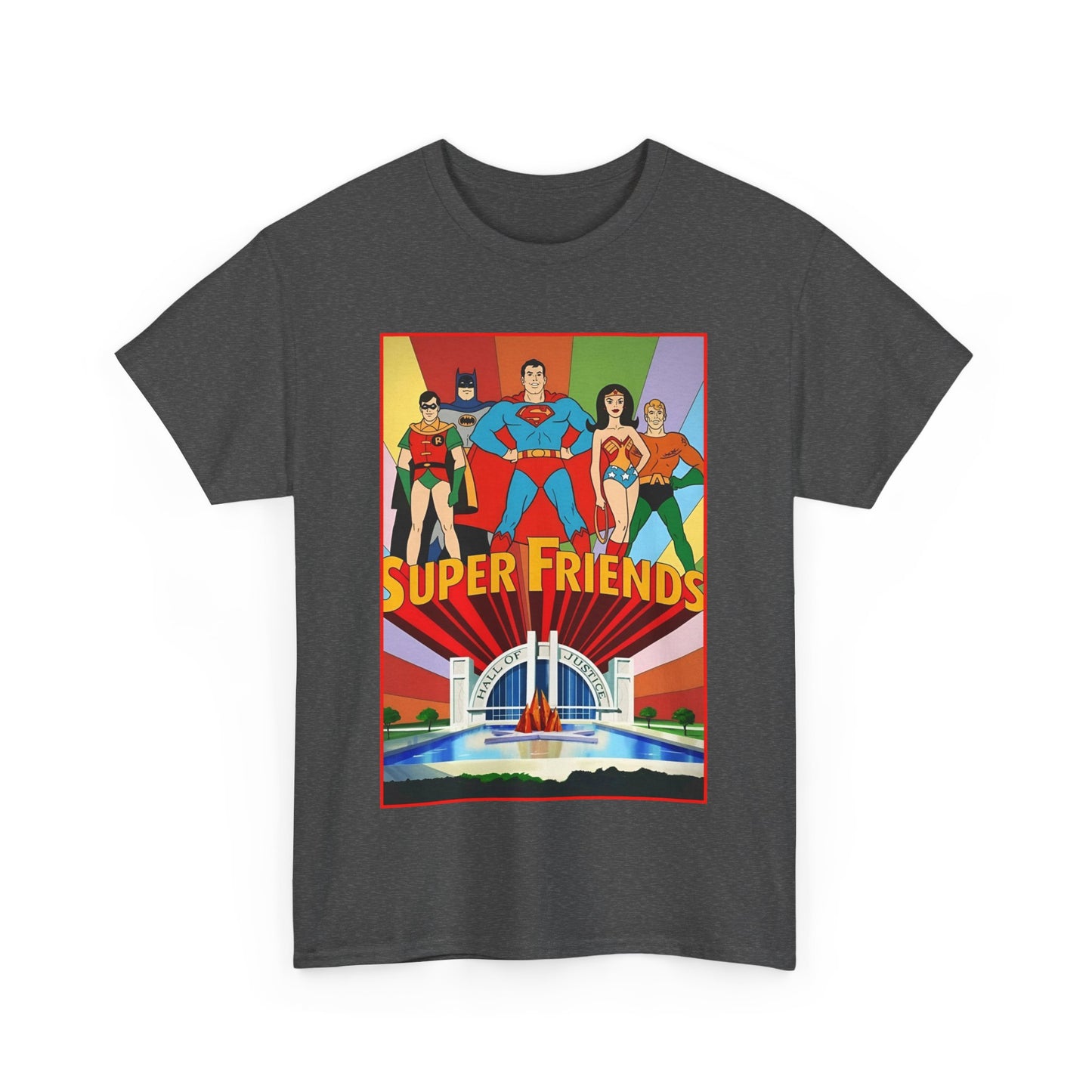 Super Friends T-Shirt - Batman, Superman, Wonder Woman, Robin - Hanna-Barbera Cartoon - DC Comics - Hall of Justice